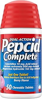 Pepcid Complete Acid Reducer + Antacid for Acid Reflux, 10mg Famotidine, 800mg Calcium Carbonate & 165mg Magnesium Hydroxide per Heartburn Medicine Tablet, Antacid Chews, Berry, 50 ct