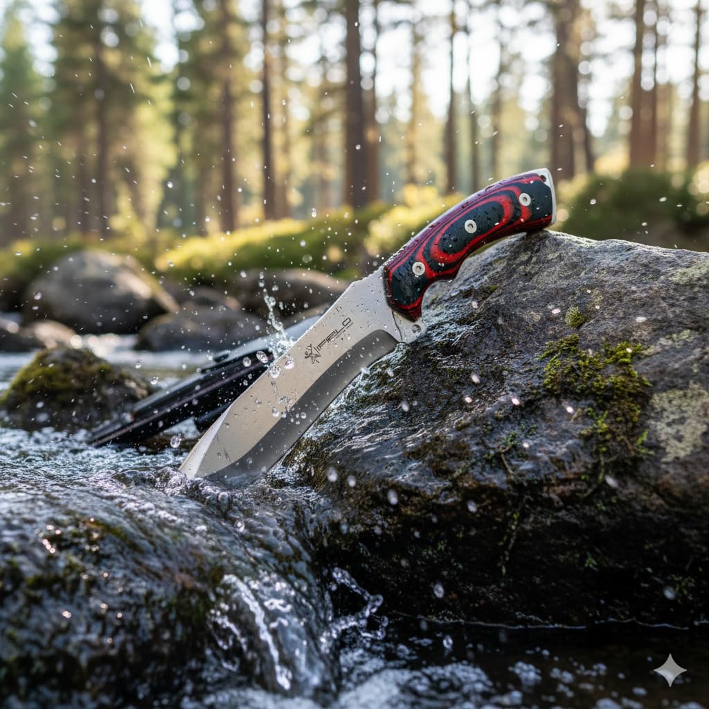 iFIELD Wielofunkcyjny nóż do wędrówek, polowań i survivalu, 150 sztuk, z czerwonym uchwytem Micarta i ostrzem ze stali 440C, twardość 58-60HRC
