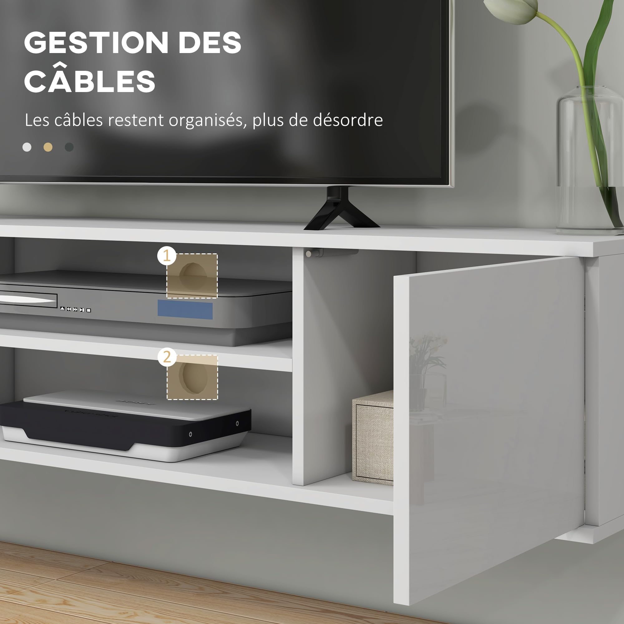 HOMCOM Meuble Banc TV Mural Suspendu Style Contemporain - 2 placards 2 Passe-câbles et 2 niches centrales 140 x 30 x 30 cm Blanc