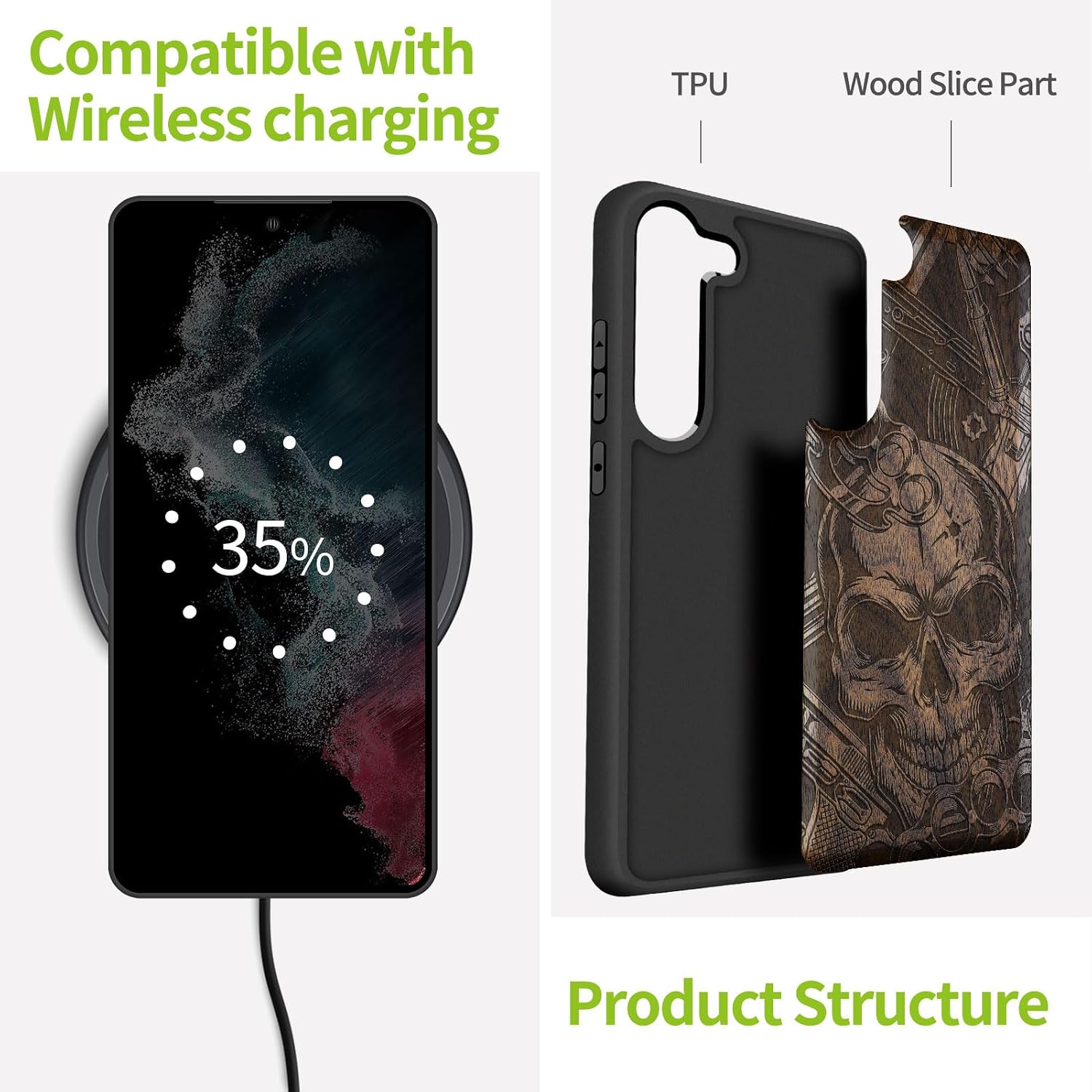 Carveit Wood Case for Galaxy S23 Plus Case [Natural Wood & Black Soft TPU] Shockproof Protective Cover Unique & Classy Wooden Design Compatible with S23 Plus (Skull of Chaos-Walnut)