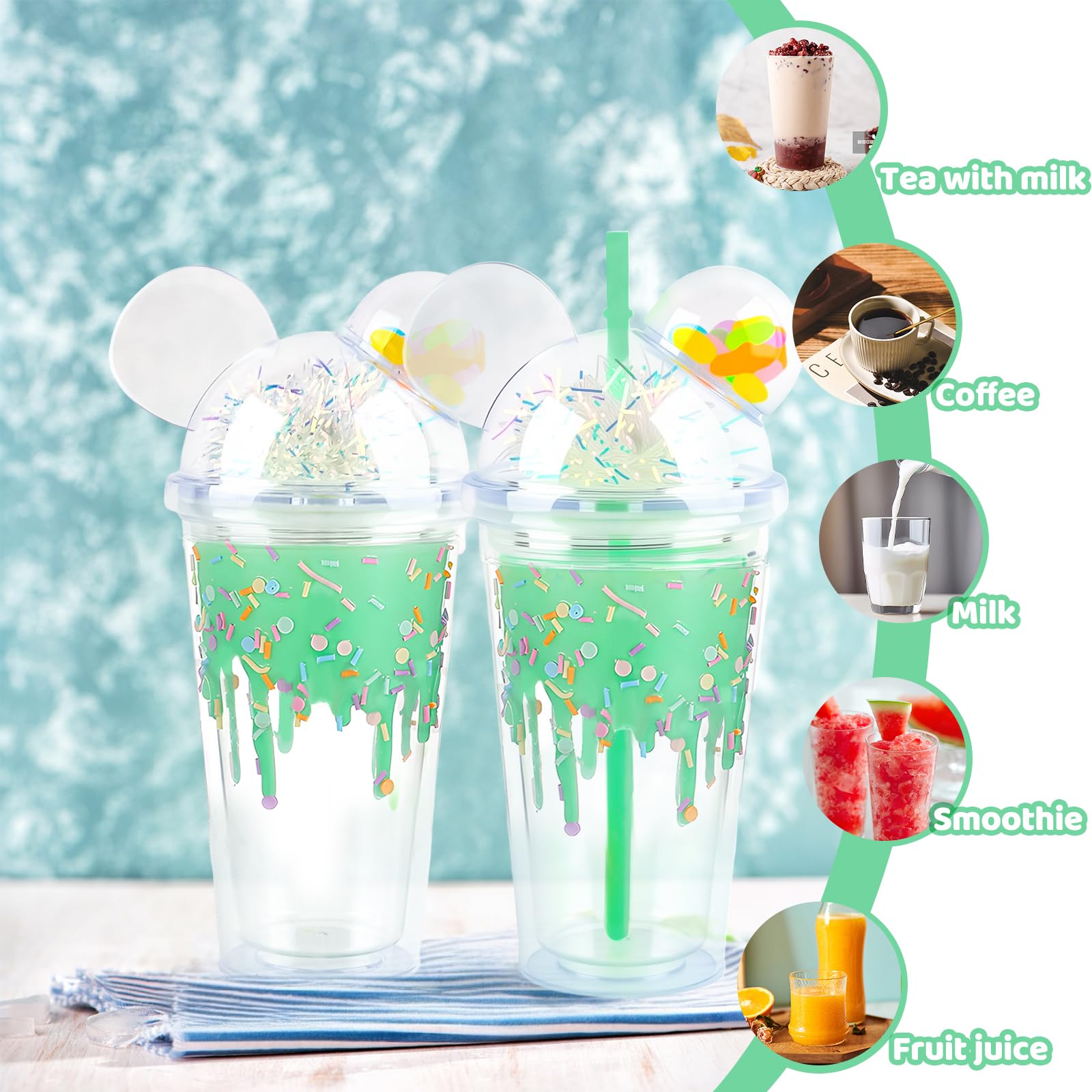SilverChry Drinkfles met rietje, beker met rietje, 450 ml, beker met deksel en rietje, beren-ijsdesign, koffiemok, beker voor smoothie, smoothie, bubble tea, groen