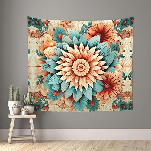 WZYCWB Floral Tapestry Wall Hanging, 60x51 Inches, Teal Orange Dahlia