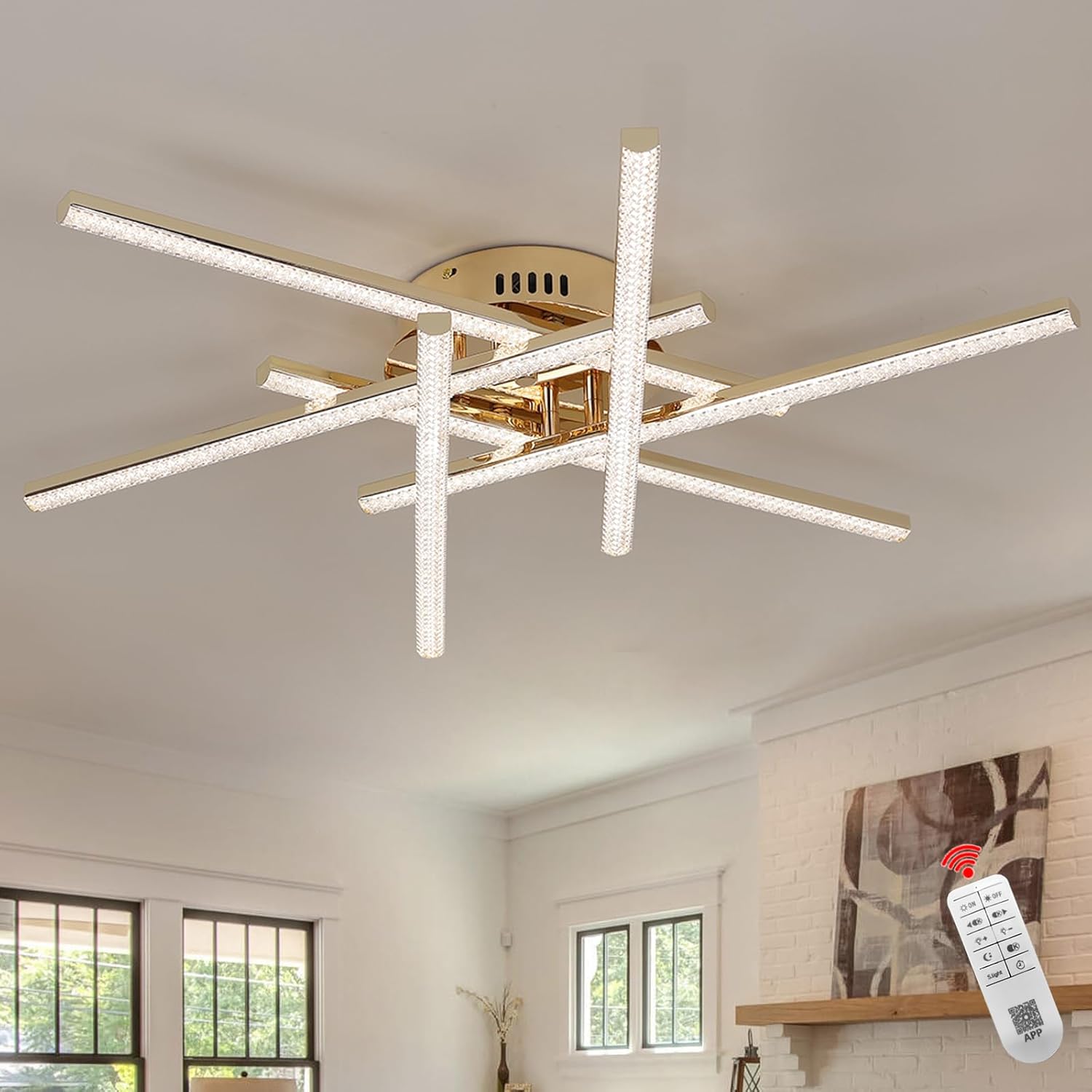 6-Light Modern Art Deco Flush Mount Ceiling Light, Dimmable LED Close to Ceiling Fixture for Kitchen, Living Room, Bedroom Lighting (Gold Dia 25.6 inch