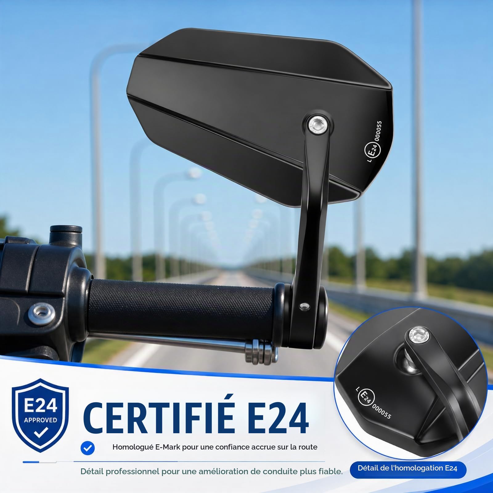 Anti-Glare Bleu Retroviseur Moto Embout de Guidon avec E24 Homologué | Retroviseur Moto Embout Latéraux Moto Universel 7/8“ 22mm Ensemble,Aluminium,pour Scooter Motos Quad ATV Bar End
