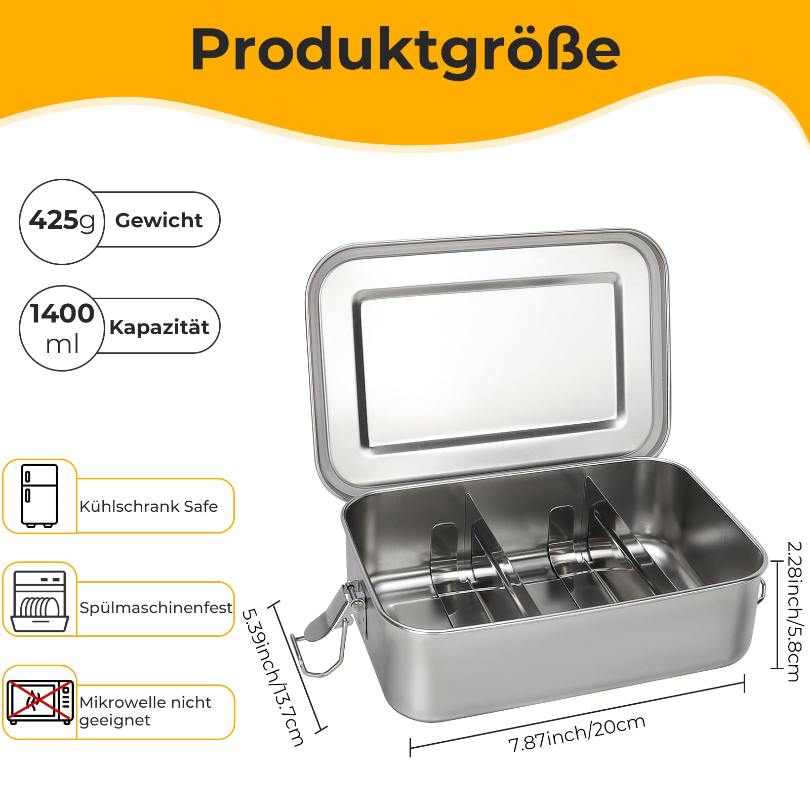 Contenitore per il pranzo in acciaio inox, 1400 ml, impermeabile, con scomparti e guarnizioni per scuola, lavoro, picnic, sostenibile ed ecologico, senza BPA, per studenti, adulti