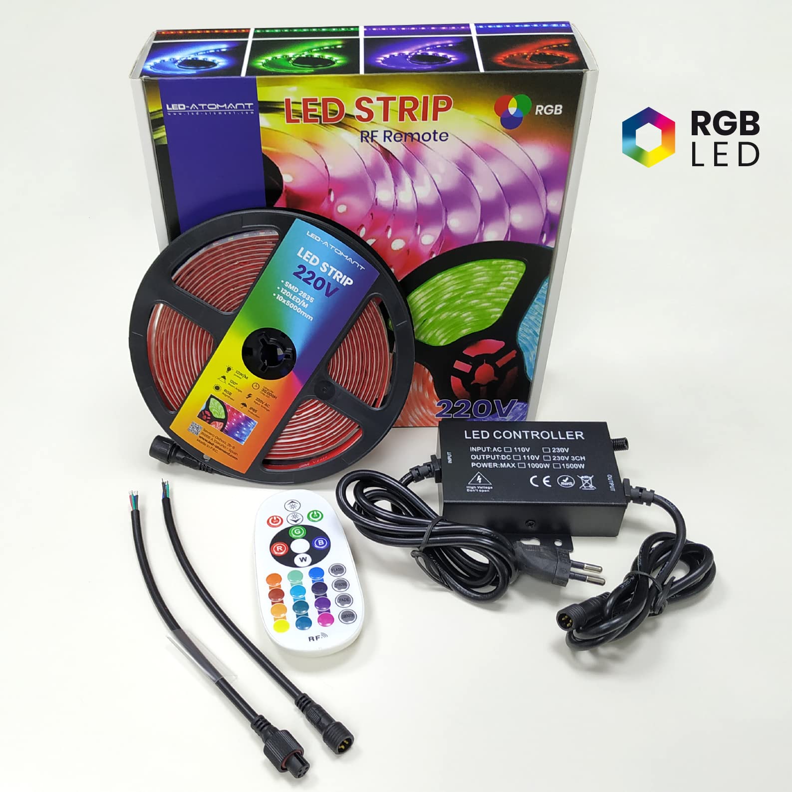 LED ATOMANT 5x Kit 5m Ruban LED RGB 220V IP65 Contrôleur et Télécommande RF