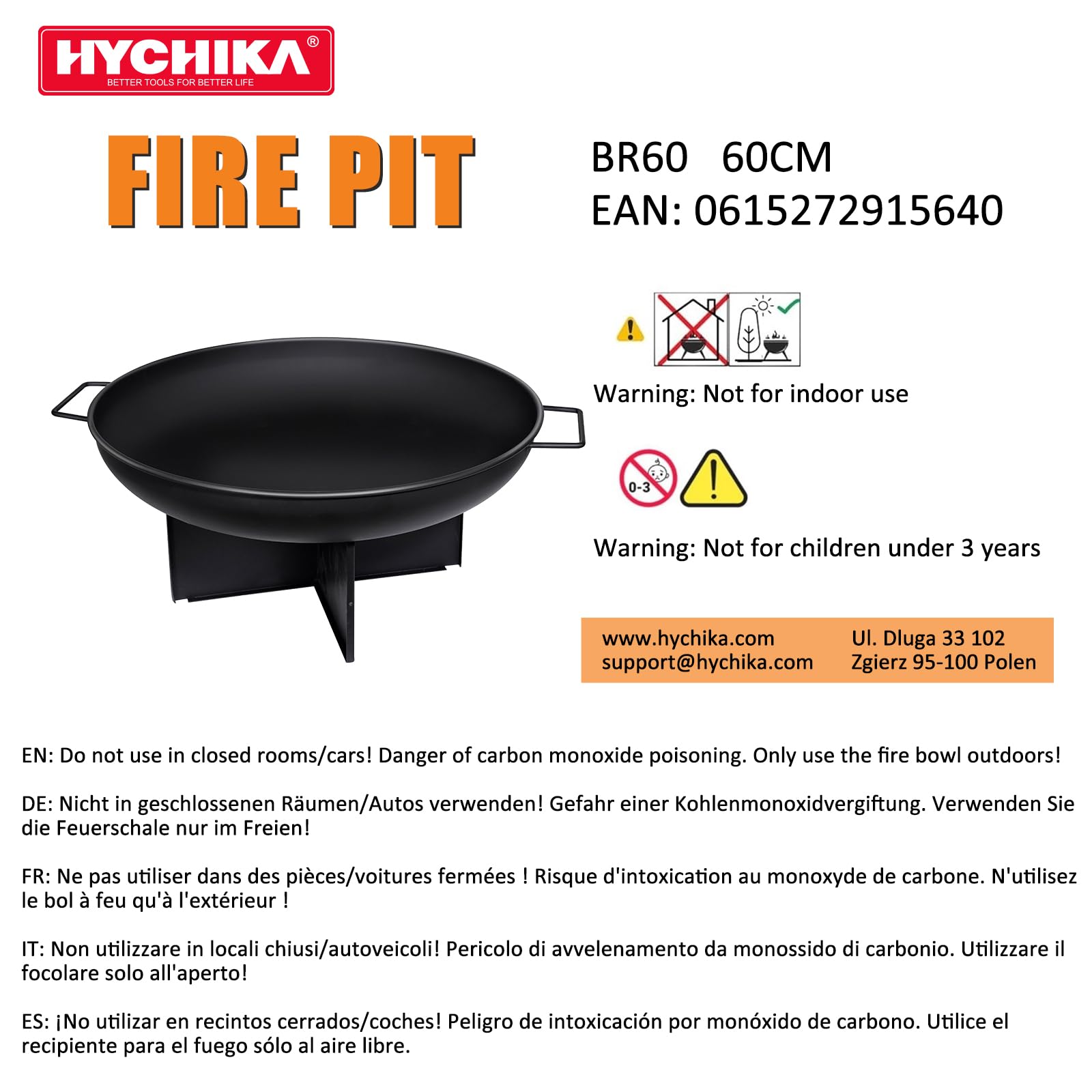 HYCHIKA Brasero Exterieur Ø60cm Foyer Bûcher Fire Pit Camping Jardin