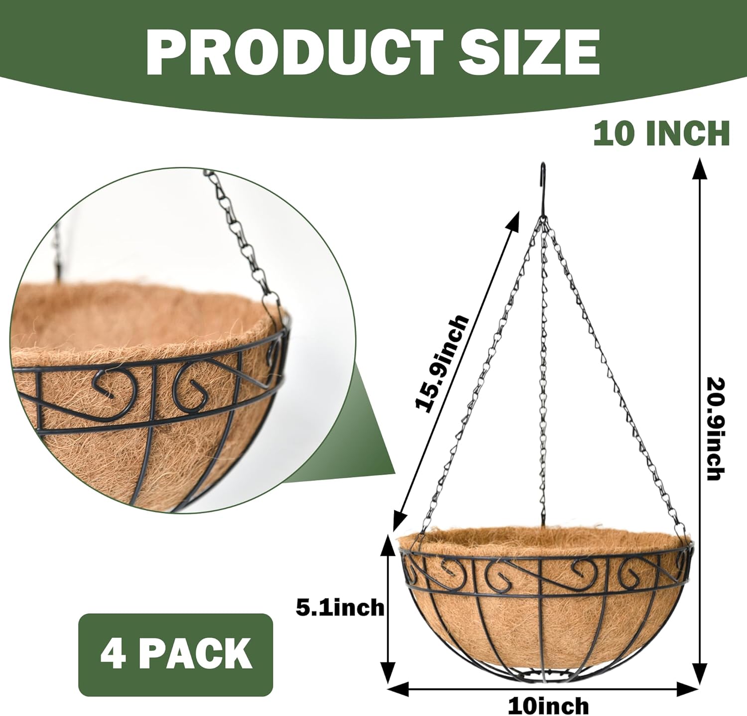 4 Pack 10 Inch Hanging Baskets for Plants Outdoor Metal Hanging Planter Basket with Coco Coir Liner Hanging Flower Baskets Hangings Flower Pots Holder for Garden, Patio(Flower)