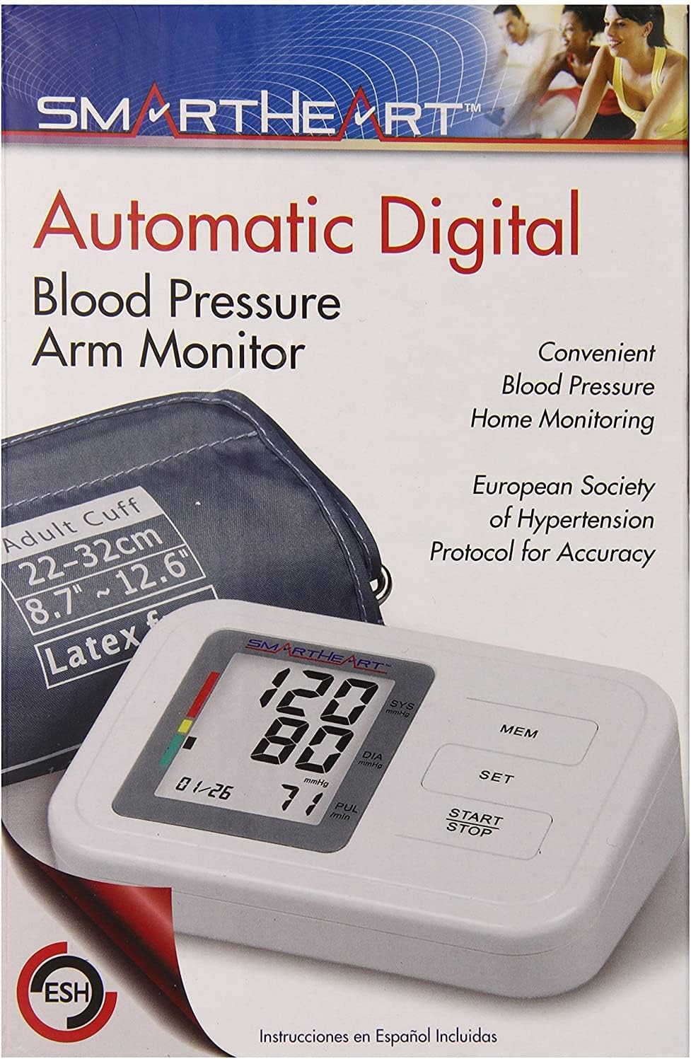 Diagrams illustrating proper cuff size selection and application for the Smartheart blood pressure monitor.