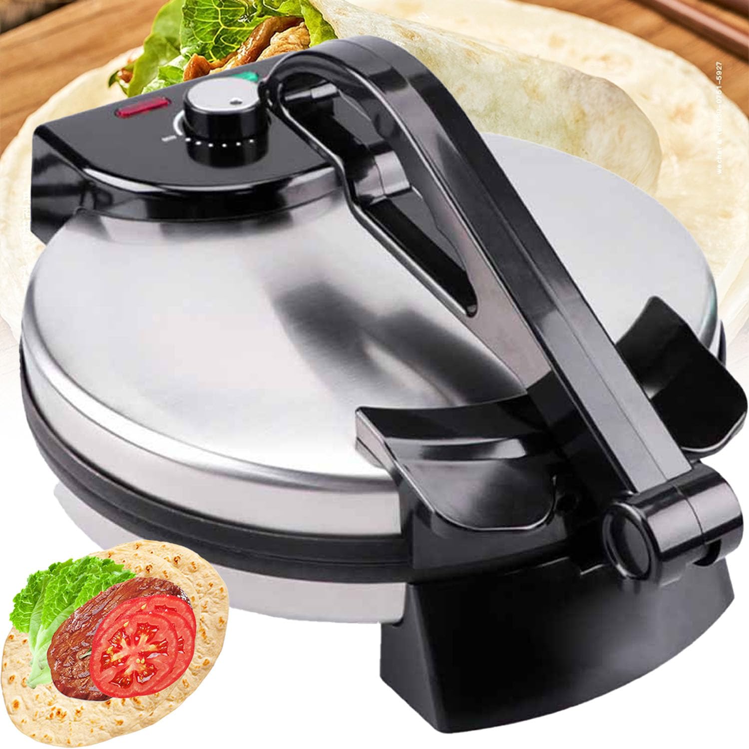 1800W Electric Tortilla Maker 12-calowa płyta do gotowania bez przywierania Automatyczna maszyna do płaskiego chleba ze wskaźnikiem światła LED do restauracji domowej