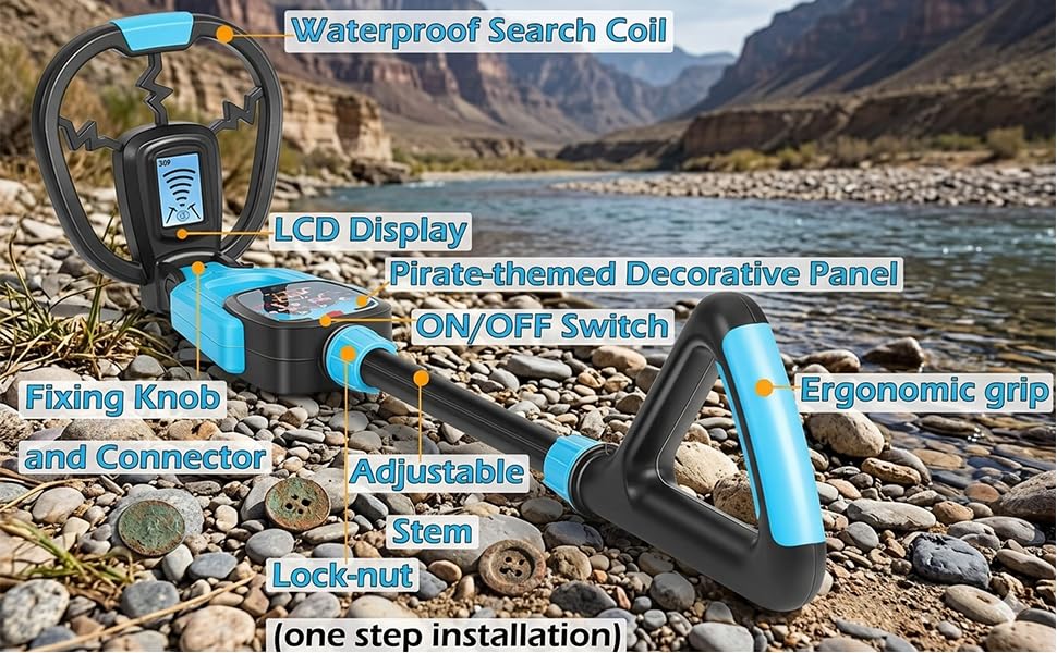 Image of Kids Metal Detector for Boys & Girls 4-10, 1lb-Metal Detector Lightweight for Kids, Adjustable Stem from 23.6 inch to 28.3 inch, 4 inch-Depth, Waterproof Metal Detector with Shovel Rake
