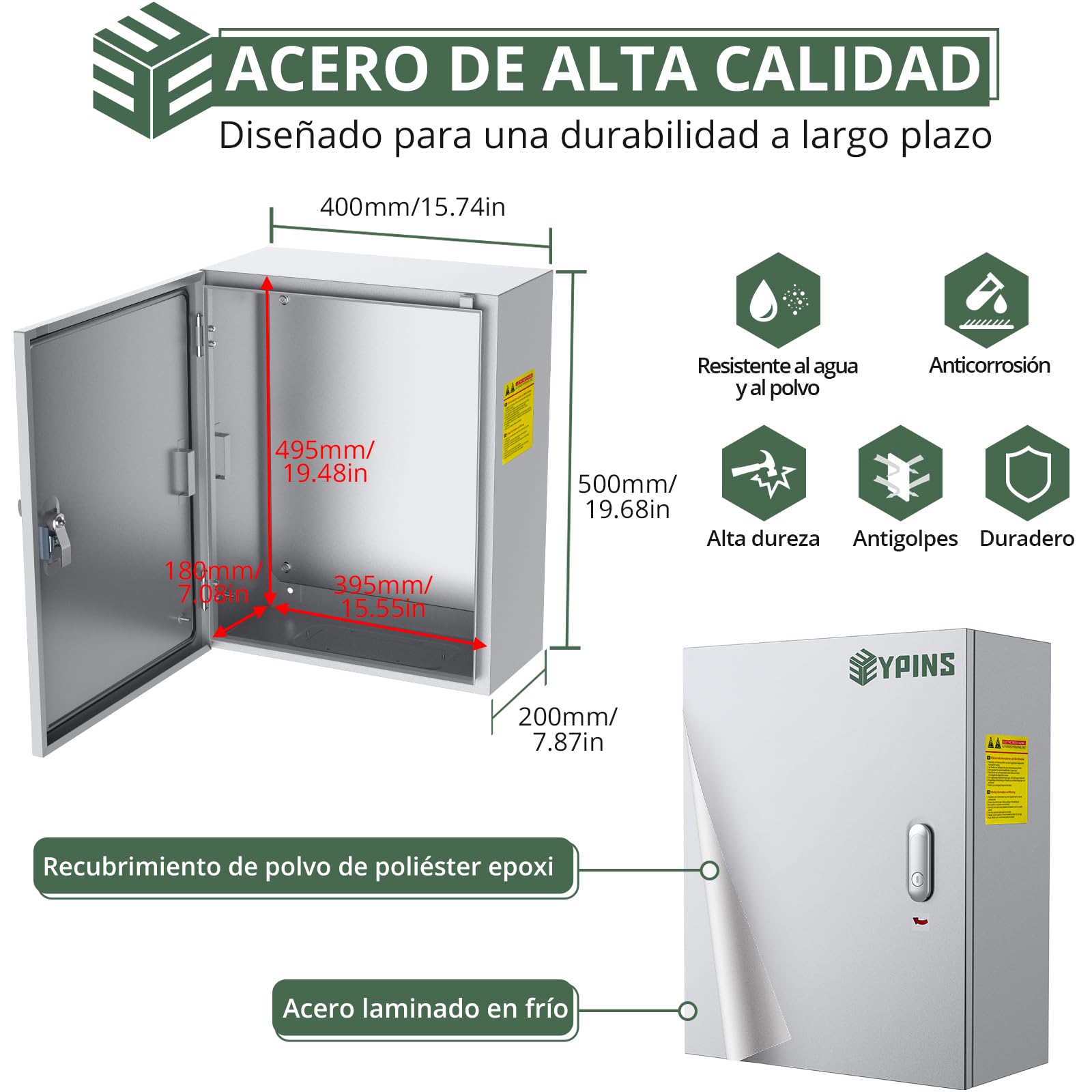 EYPINS Caja Eléctrica Metálica Acero 40x50x20cm con Cerrojo Aluminio IP44 | Caja de Conexiones Resistente a la Abrasión y Corrosión, CE, Placa de Montaje Desmontable, para Interiores y Exteriores
