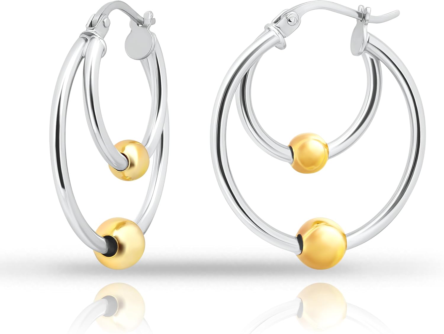 Hoops & Loops 925 Sterling Silver Double Loop Beaded Hoop Earrings for Women, 14k Gold/Rose Gold, Black Flash Plate 25mm High Polished Hypoallergenic Two Bead Design Earrings
