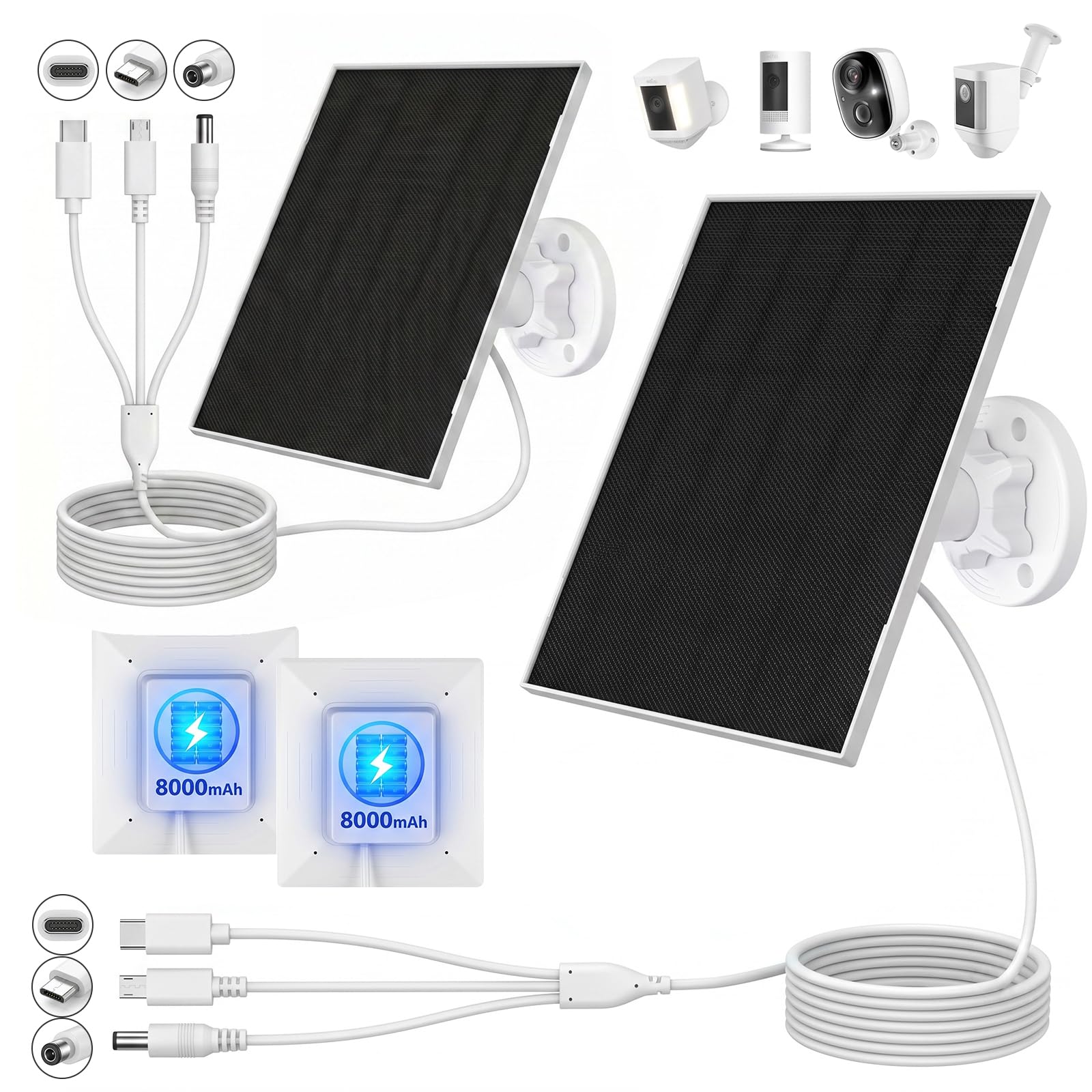 Lot de 2 panneaux solaires 5 W/5 V avec batterie intégrée de 8000 mAh
