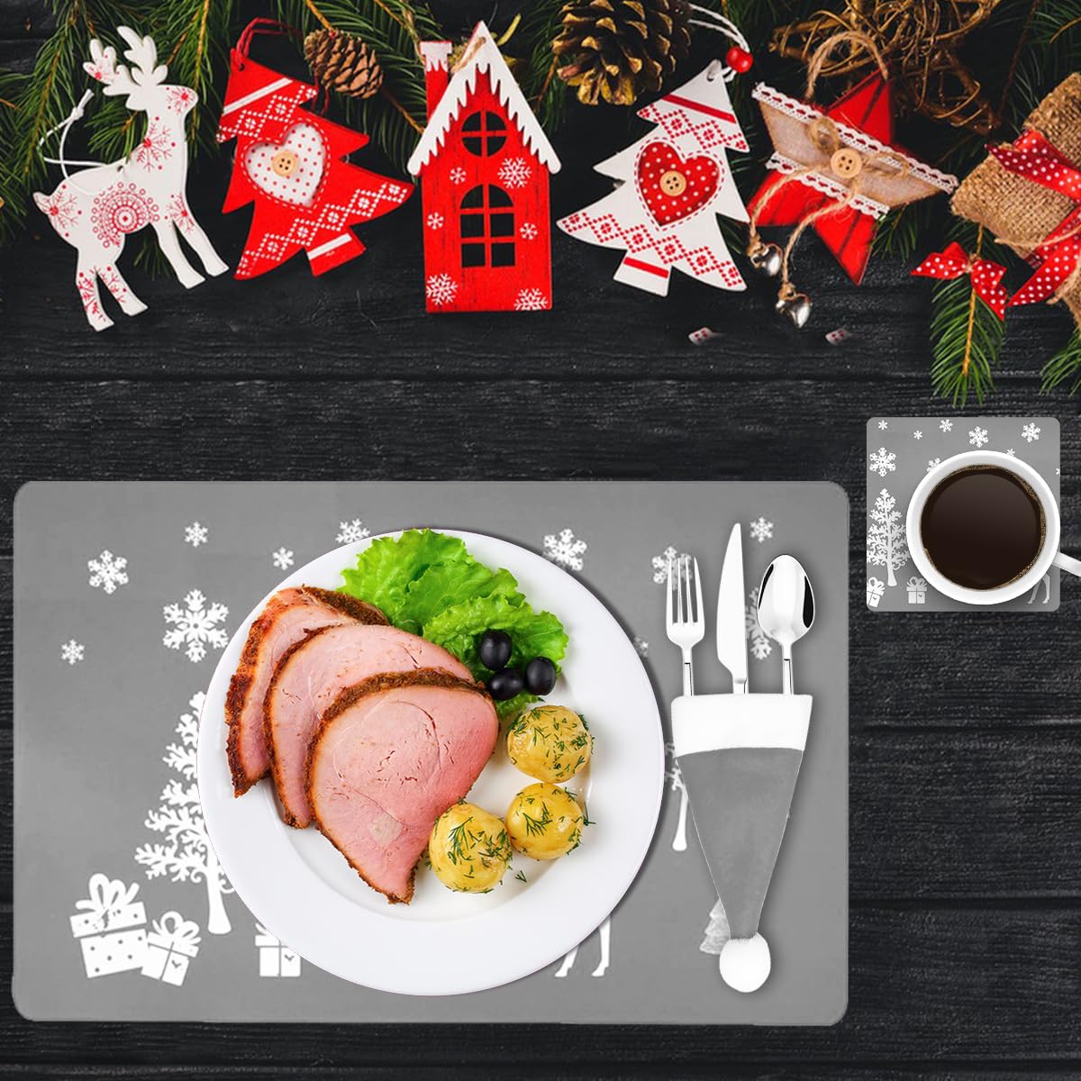 MQIAN 18 Pcs Set Christmas Placemats, 6 Placemats, 6 Coasters, 6 Cutlery Holders, Grey, Perfect for Families Restaurants - Image 3