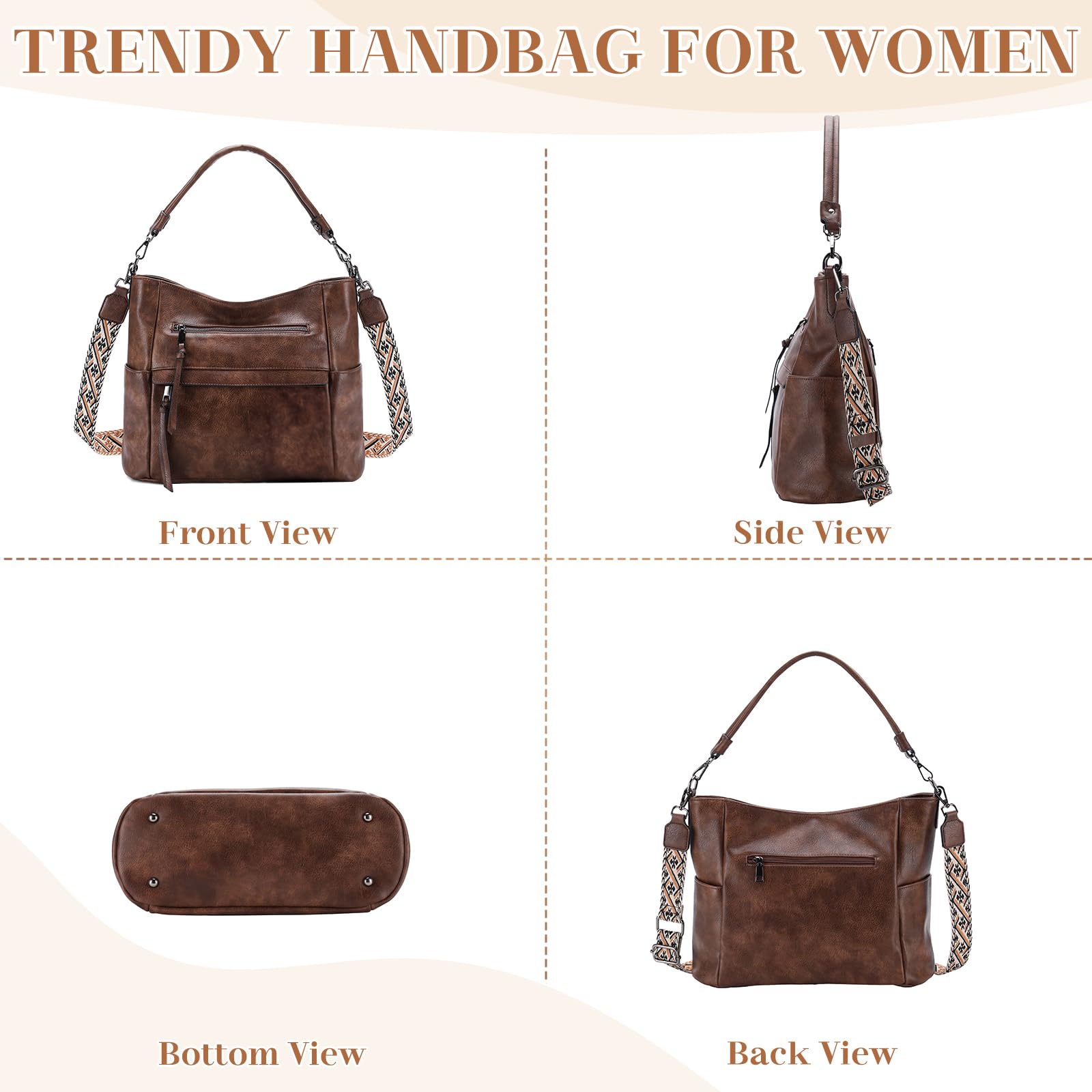 VASCHY Torba hobo dla kobiet, średnia wegańska skórzana torebka na ramię, portfel, zestaw, torba na ramię z paskiem do gitary crossbody,
