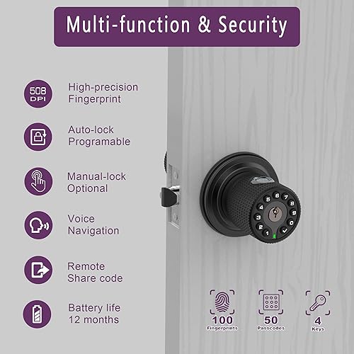 Miniatura 3 de Cerradura de perilla de puerta sin llave de doble cara con huellas dactilares y teclado, perilla inteligente con cilindros dobles para puerta