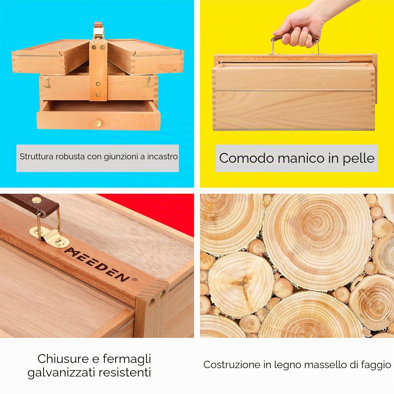 MEEDEN, scatola portaoggetti per artisti, portatile, pieghevole, multifunzione, in legno di faggio, con scomparti e cassetto per materiale artistico