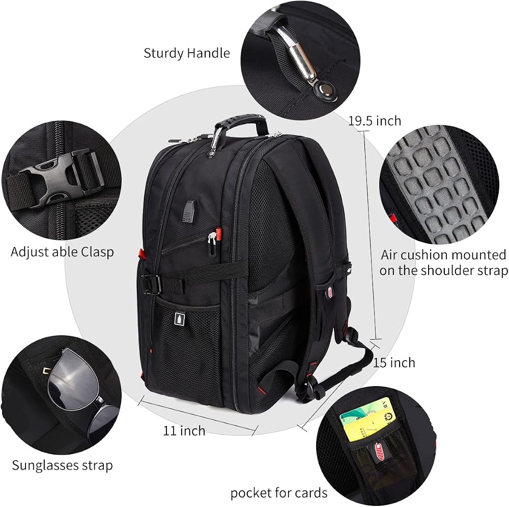 SHRRADOO Extra Large 50L Travel Laptop Backpack with combination lock, College Backpack Airline Approved Business Work Bag Fit 17 Inch Laptops for Men Women,Black
