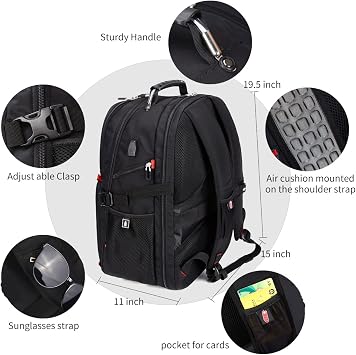 SHRRADOO Extra Large 50L Travel Laptop Backpack with combination lock, College Backpack Airline Approved Business Work Bag Fit 17 Inch Laptops for Men Women,Black