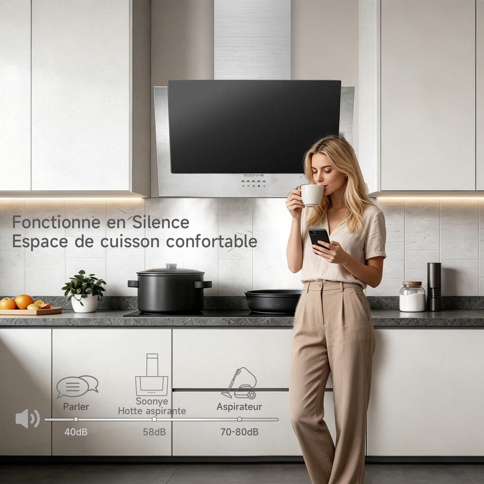 Hotte Aspirante Inclinée 60cm Classe A+++, Hotte Cuisine 370m³/h, Noir Verre Dépoli,Filtres à Charbon Inclus,Hotte Murale Evacuation ou Recyclage