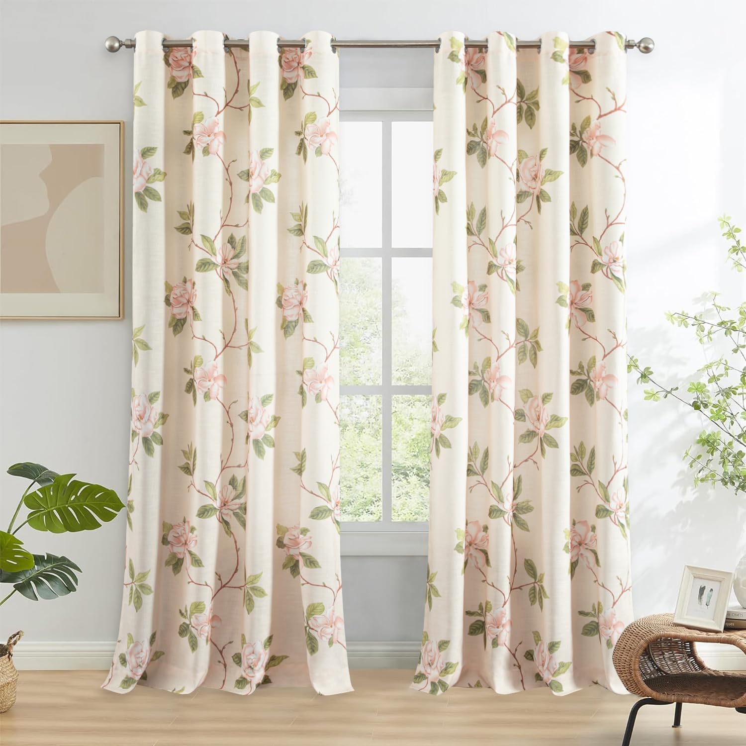 Leeva Pink Farmhouse Curtains - Whimsical Flower Print with Linen Texture, Light Filtering Window Treatment for Bedroom & Living Room, 2 Panels, 52x84 Inch
