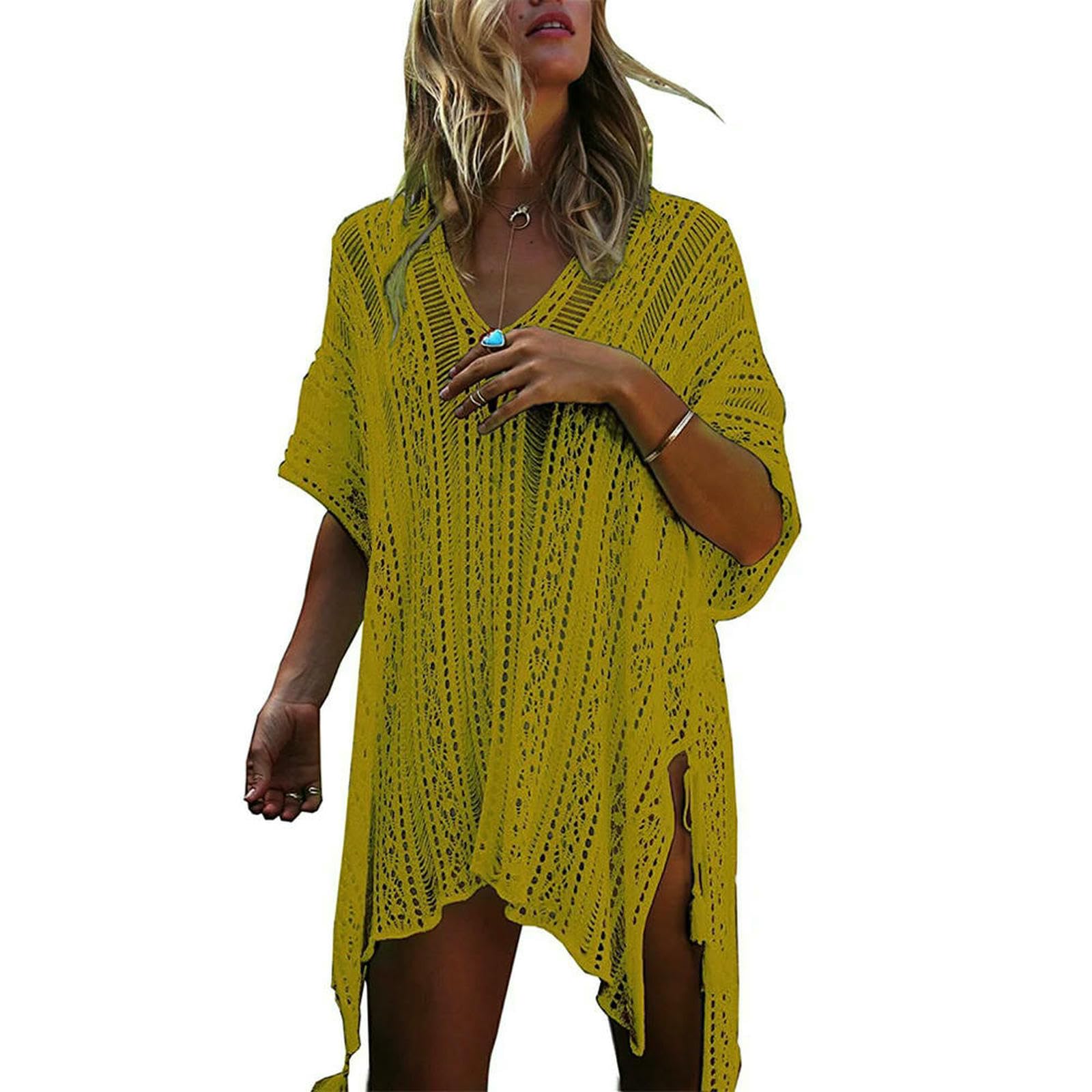 Abito da Spiaggia Donne Bikini Copertura Cavo-out Maglia all'Uncinetto Kaftan Estivo Costume Bagno Costumi Bagno-Grigio-Una Taglia
