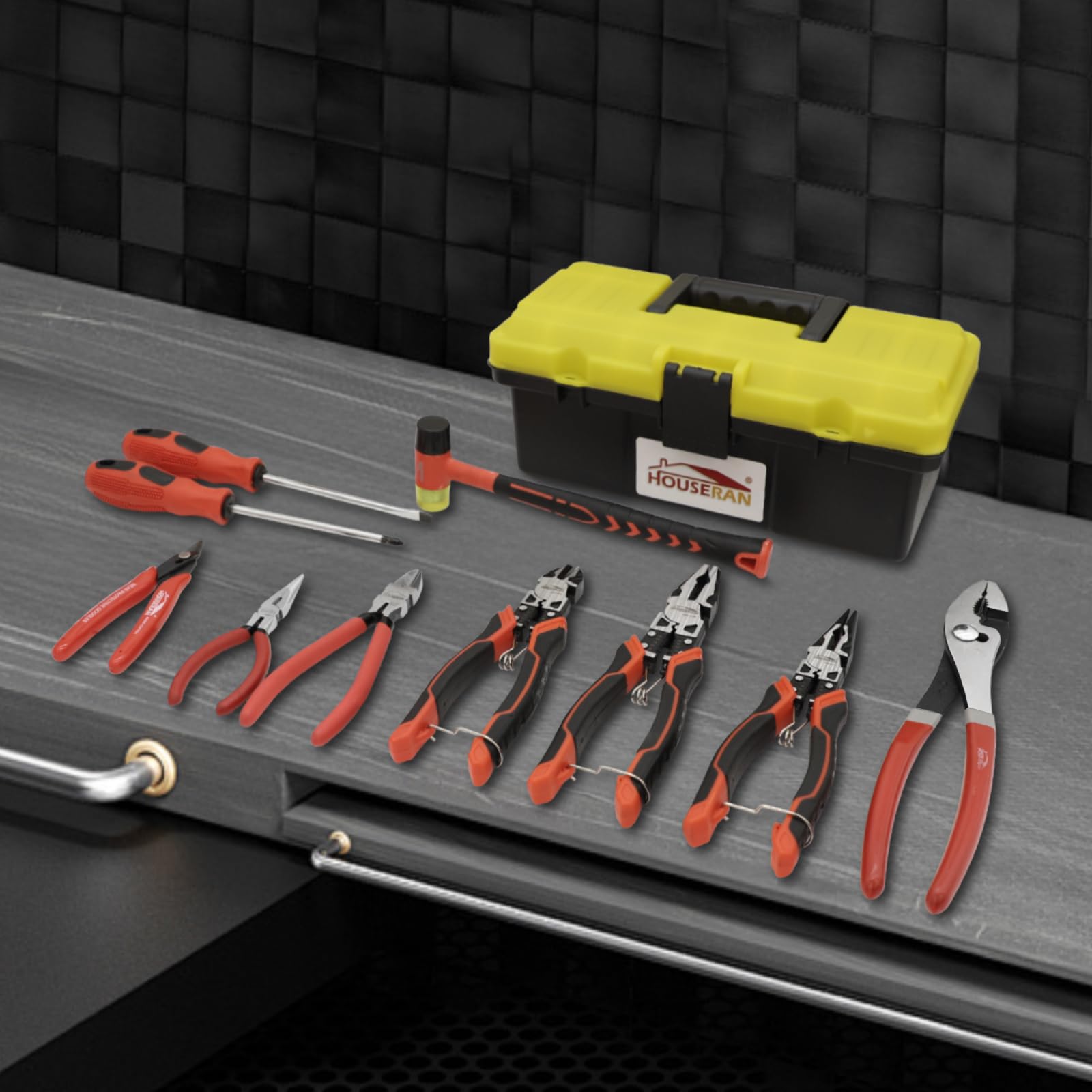 8-teiliges Werkzeugset mit Koffer,Gleitgelenkzange, Spitzzange, Spitzzange groß, Kombizange, Seitenschneider groß, Seitenschneider, 170 Seitenscheider, Gummihammer, Zangenset für den Haushalt