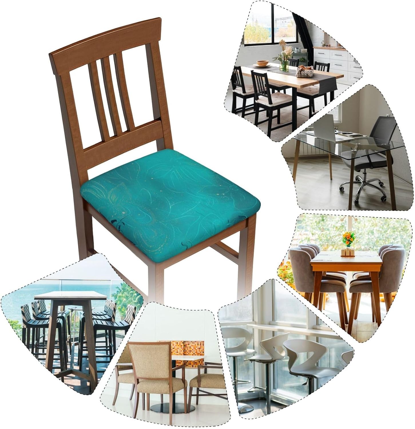Teal Blue Print Square Cushion Covers 6 Pcs Set Elastic Non-Slip Seat Cushion Slipcovers Pet Furniture Protectors for Chair, Sofa