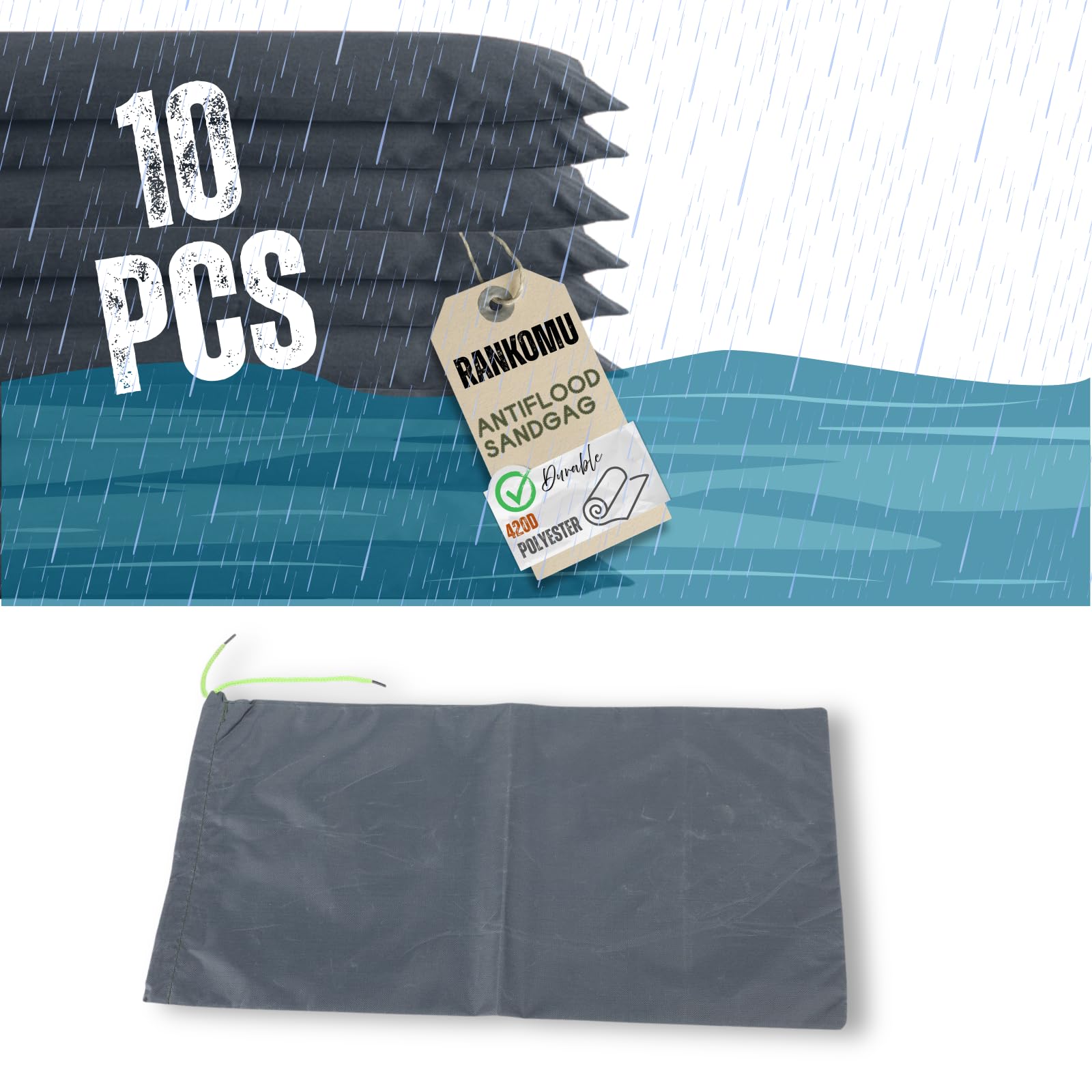 Saco de Arena sin Arena para inundaciones, 10PCS 25 * 50cm Sacos de Arena con cordón para barreras de Agua de poliéster 9.8x19.7in, para sótano Garaje Tienda(Gris)