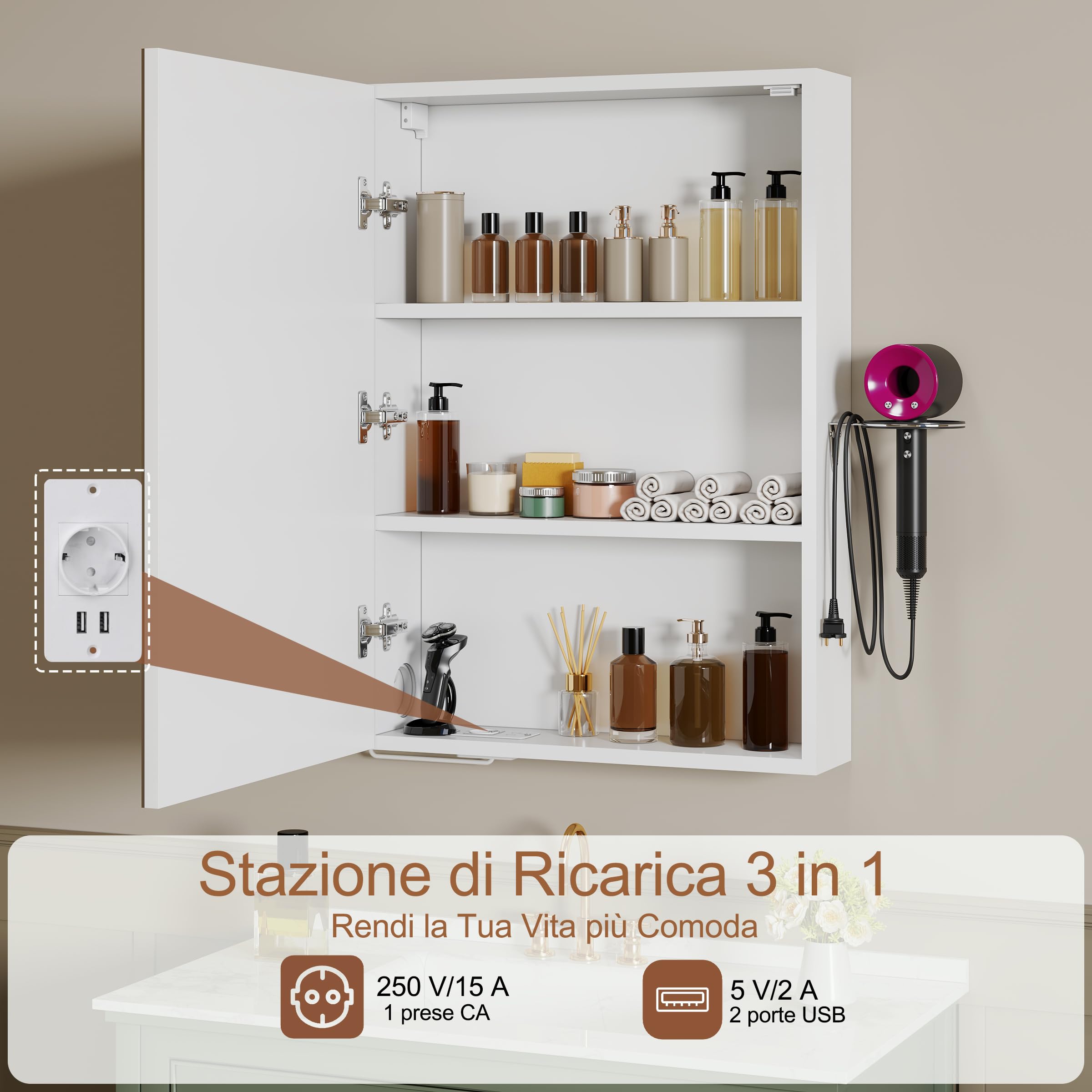 Specchio Bagno Contenitore con 3 Colori Luce e 1 AC/2 USB, Armadio Specchio Bagno con Deumidificazione con 1 Tocco e Funzione di Memoria & con Mensola Regolabile(50x70x15cm,Bianco)