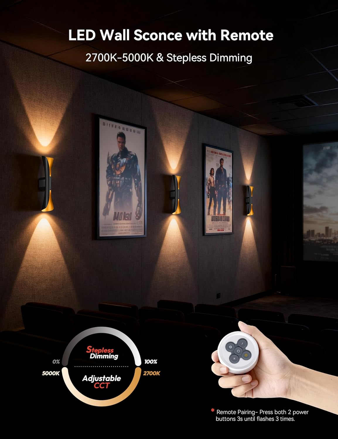 Tubicen Battery Operated Wall Sconce 9000mAh Rechargeable Up Down Wall Lights Cordless Movie Theater Sconces with Remote 2700K-5000K Dimmable Art Deco Wall Sconce for Living Room Bedroom 15.7" H