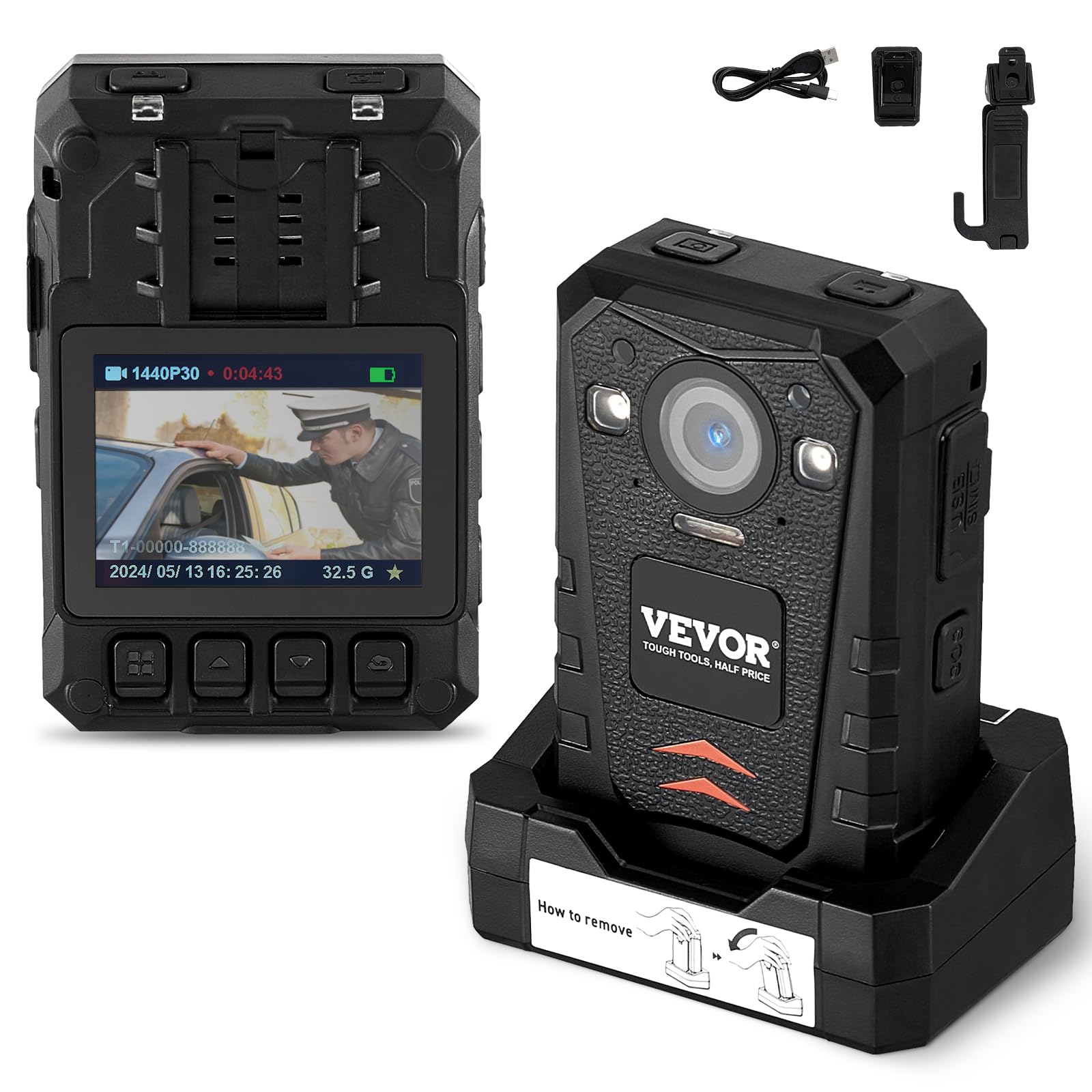 VEVOR 1440P HD Police Body Camera, 128GB Body Cam with Audio Video Recording Picture, Built-in 3500 mAh Battery, 2.0" LCD, Infrared Night Vision, Waterproof GPS Personal Body Cam for Law Enforcement