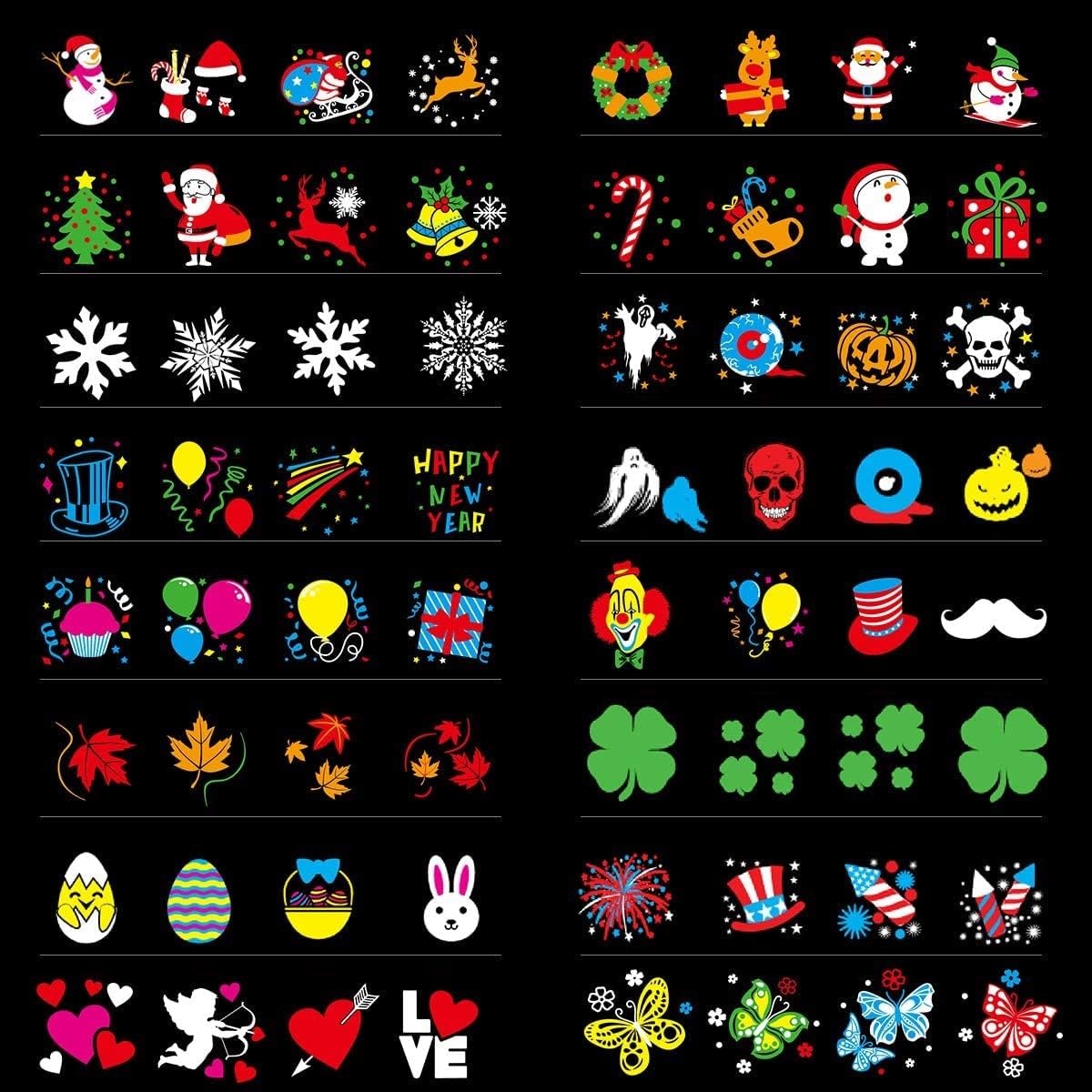 Syslux Holiday Projector Light showing 16 different holiday slides for various occasions.