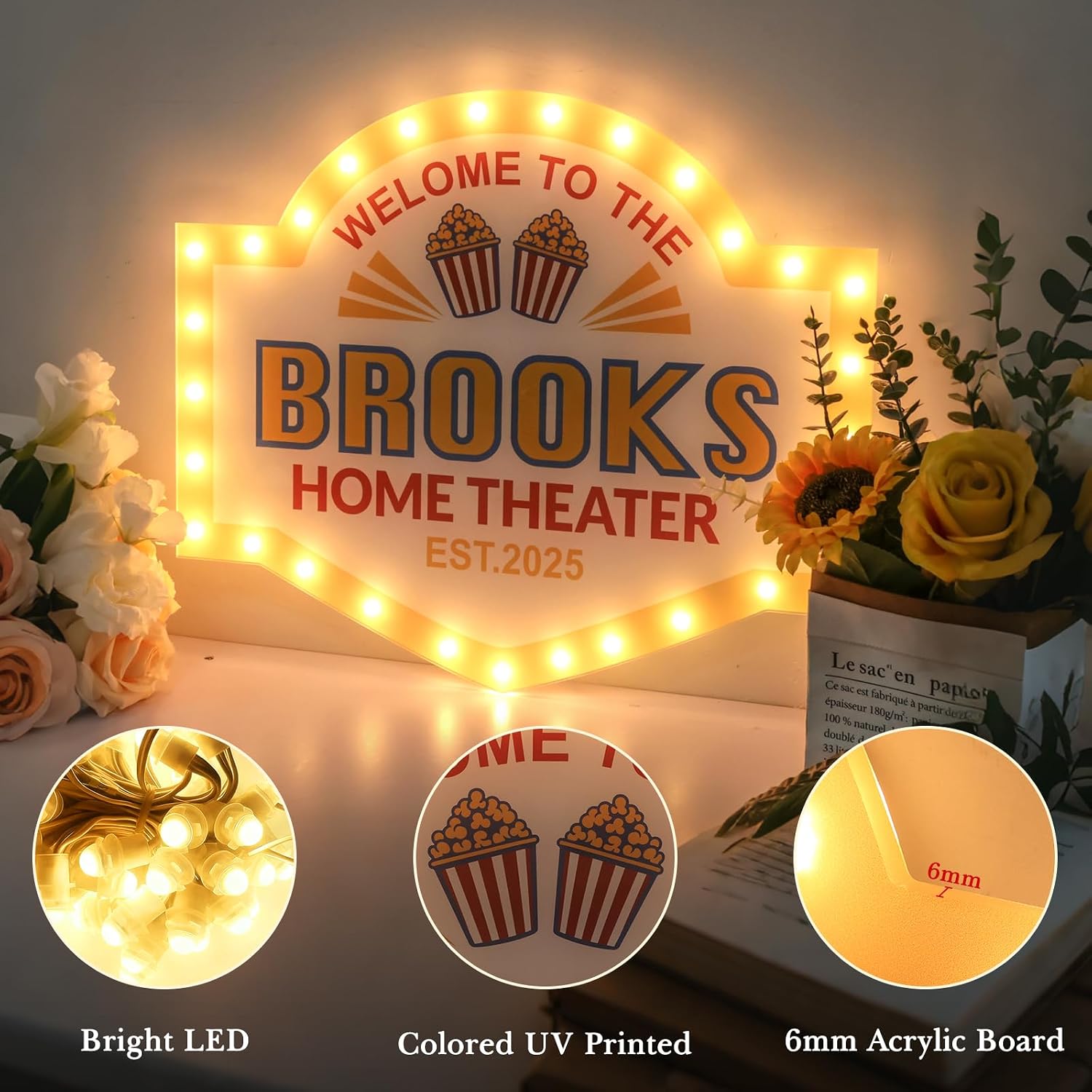 Custom Home Theater Marquee Light Sign, Large Personalized Family Name Light Up Cinema Sign for Family Movie Room Wall Decor, Customized Theater Bar Sign for Movie Night Party, Gift for Film Lovers