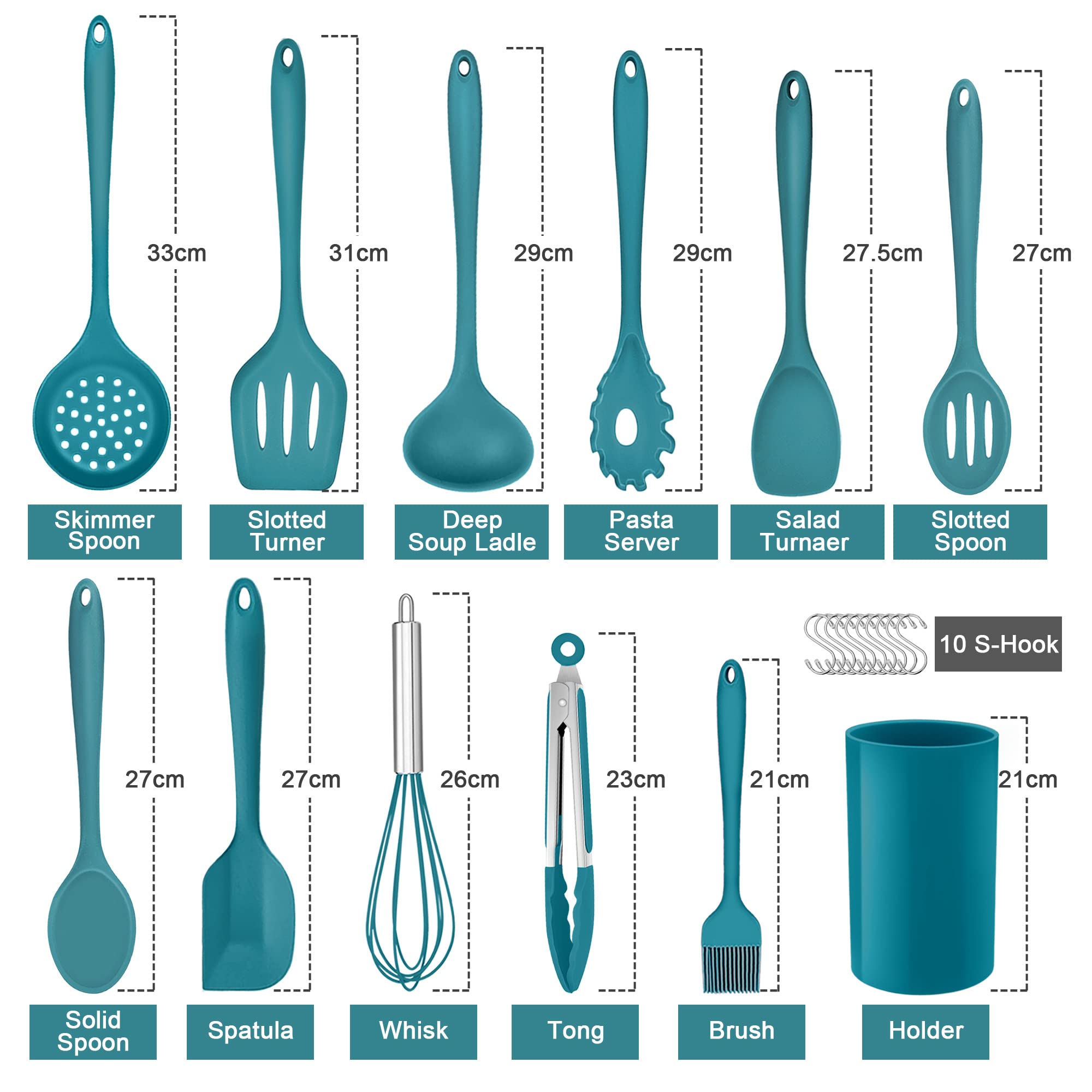 Herogo Juego de utensilios de cocina, utensilios de cocina de silicona de 22 piezas con soporte, herramientas de cocina, resistente al calor y antiarañazos, apto para lavavajillas (azul)