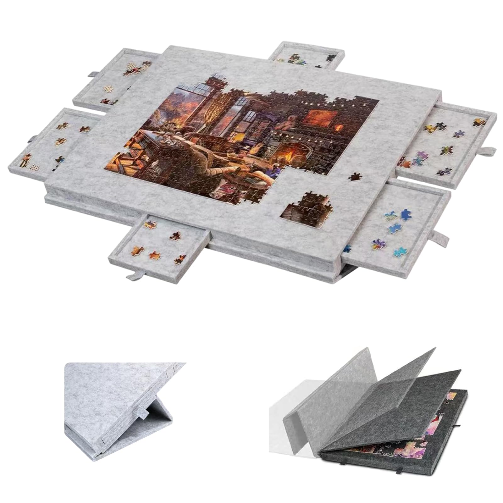 Uchylny, składany stolik do puzzli ze stojakiem i pokrywką, przenośna tablica do układania puzzli, lekki filc, 6 szuflad, dla dorosłych do 1000-1500 sztuk Light gray 90 * 63 * 4.2cm