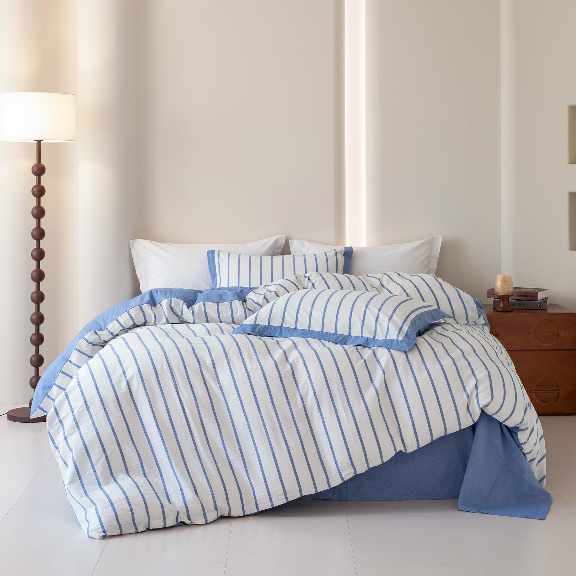 SUSYBAO Denim Blue Striped Duvet Cover Queen 100% Washed Cotton 3 Pcs Set 1 Neutral Stripe Duvet Cover with Zipper Ties 2 Pillow Shams Classic Blue