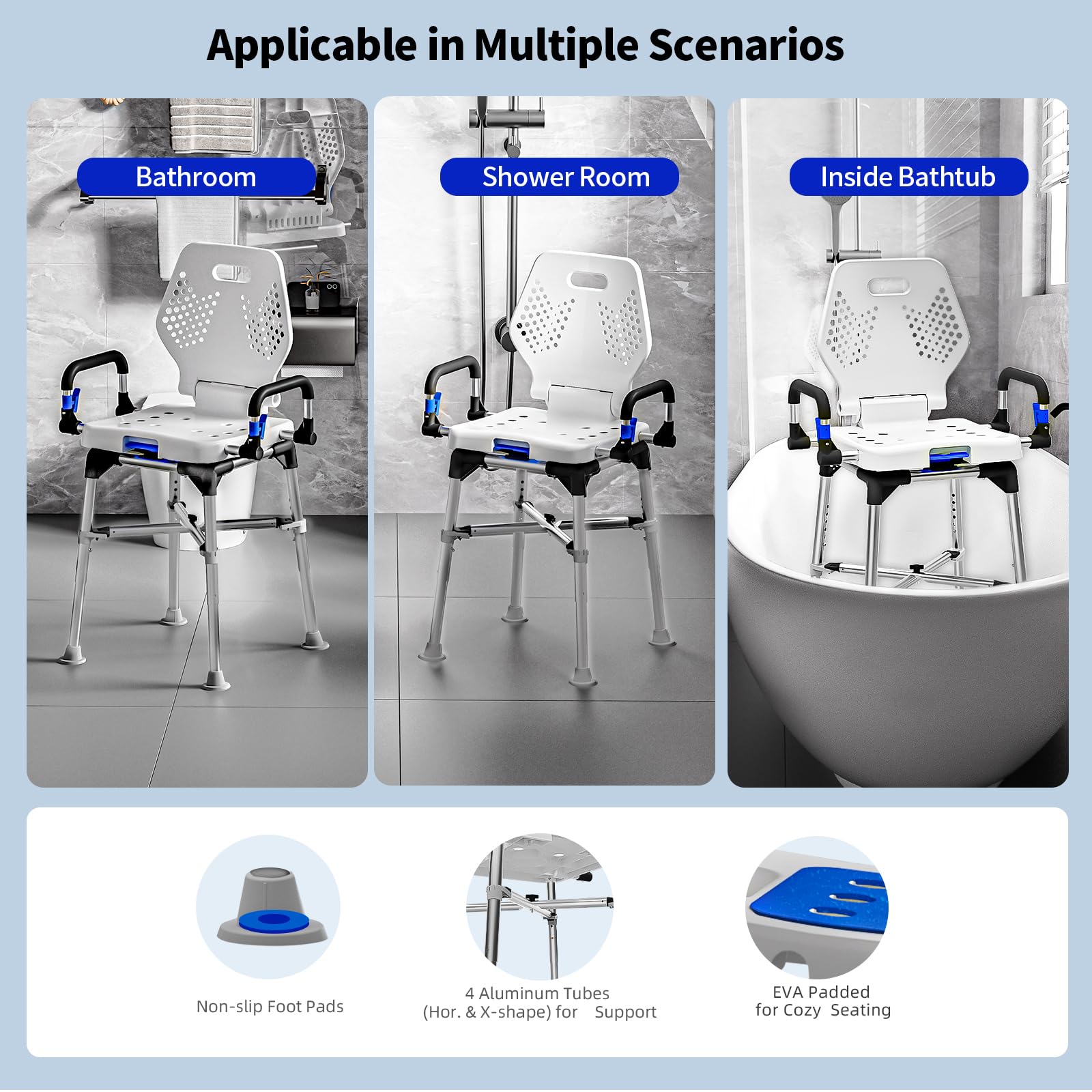 DrSuppor Silla de ducha giratoria de 360 grados, asiento de ducha ajustable con brazos giratorios para duchas o bañeras interiores, silla de ducha giratoria antideslizante para ancianos discapacitados