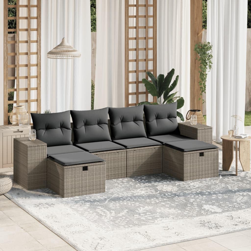 Set di 6 divani da giardino grigio chiaro con cuscini in polyrattan, acciaio verniciato a polvere, 2 divani, 2 divani centrali, 2 poggiapiedi, resistente alle intemperie, per terrazza
