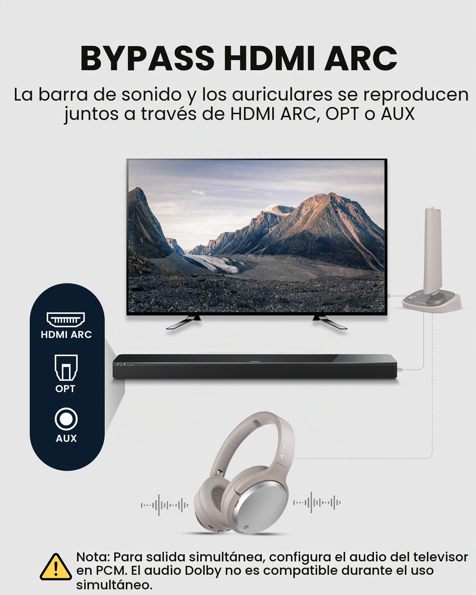 Avantree Crescendo 3D – Auriculares Inalambricos TV Televisión con Sonido Envolvente 3D, Modo Cine, Base Transmisora con Carga y HDMI ARC Passthrough para Barra de Sonido, 60 h, Batería Reemplazable