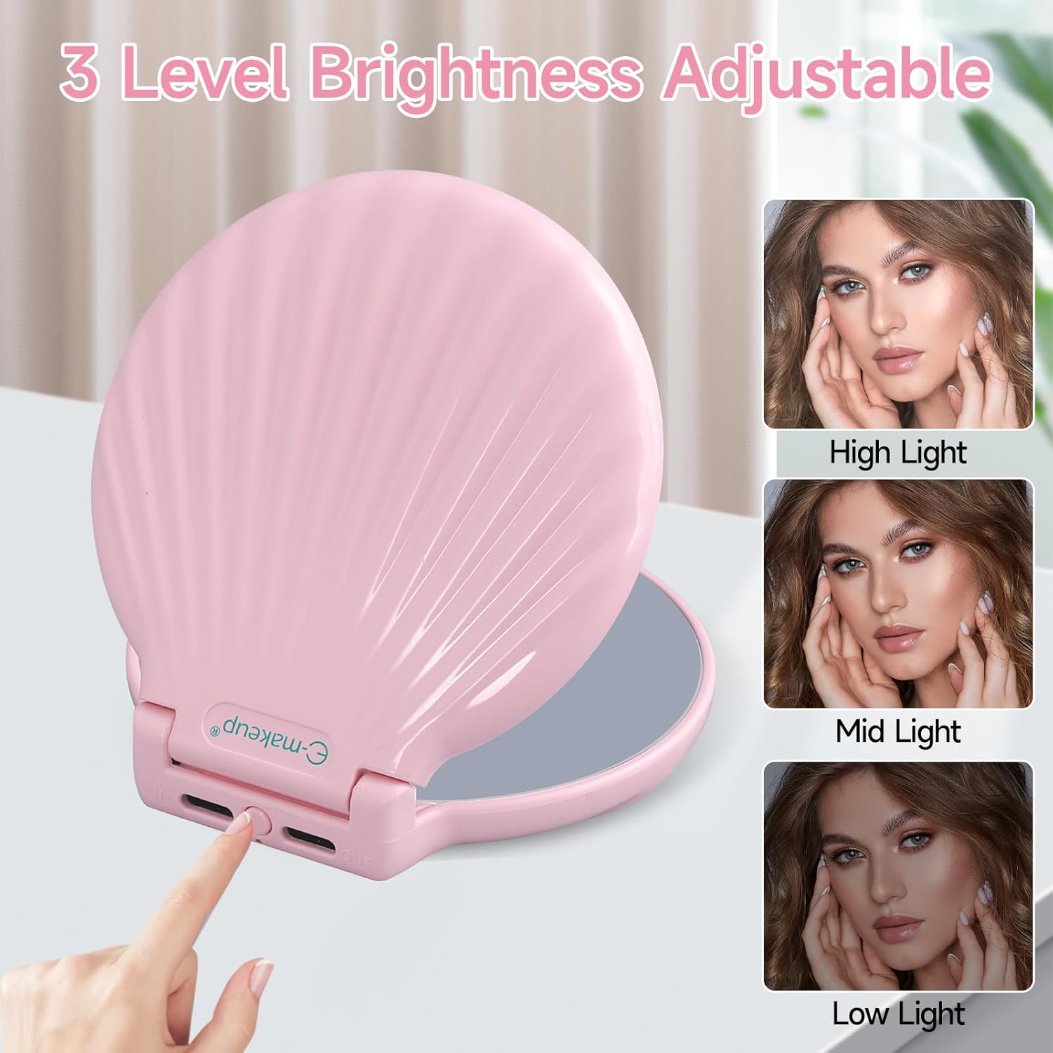 Small Compact Mirror for Purse, Compact Travel Mirror with Magnification 10x, Magnifying Pocket Mirror with Light, Rechargeable & Shatterproof, Unique Daily Makeup Necessities for Women, Pink