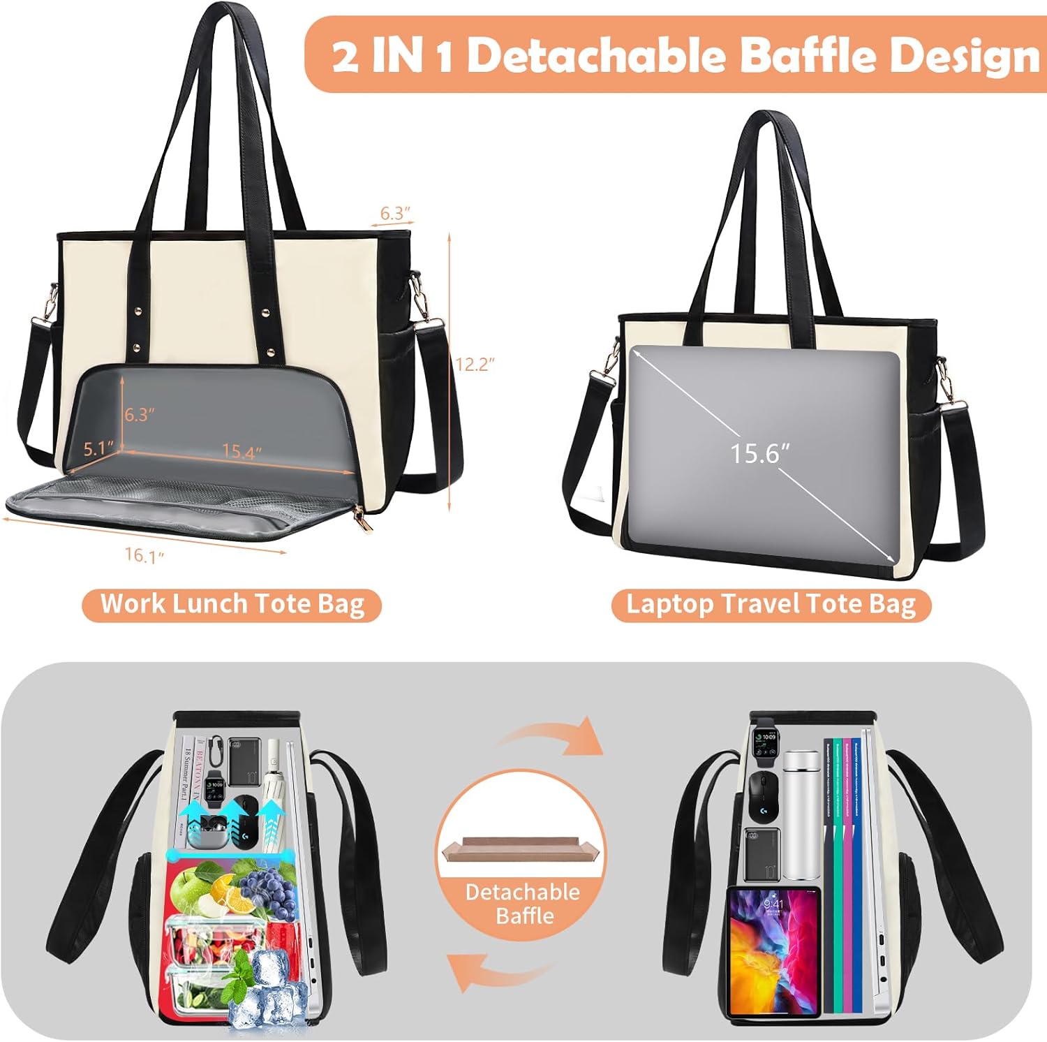 Jetviivid Lunch Tote Bag for Women, 15.6 Inch Laptop Bag with Insulated Lunch Compartment & Cup Holder for Work, Office,Teacher,College, Daily, Black&White - Image 5