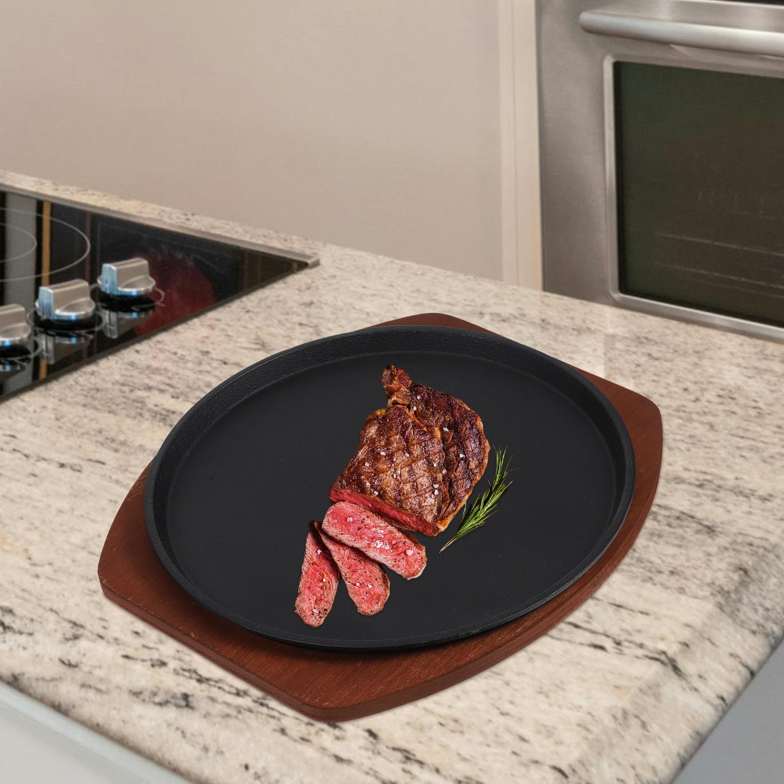 SHERCHPRY Plancha de Hierro Fundido Base de Madera para Carne y Pescado, Excelente Conductividad Térmica y Distribución Uniforme del Calor para Barbacoa