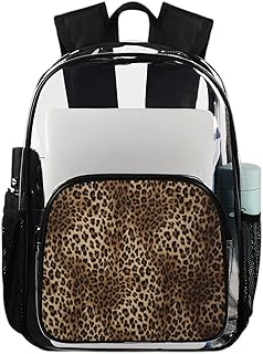 Mochila transparente de pele de leopardo de animal para serviço pesado, mochila transparente impermeável de leopardo vintage mochila transparente de PVC com alça de ombro reforçada para escola, trabalho, viagens, Multicor