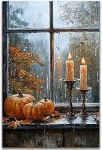 Vintage Rainy Window Halloween Decor,Glowing Pumpkin Candles on Wet Glass Moody Fall Gothic Wall Art,Neutral Pumpkin Cozy Retro Warm Autumn Farmhouse Living Room Thanksgiving Artwork (08x12inch(20x30cm), Unframe-style)