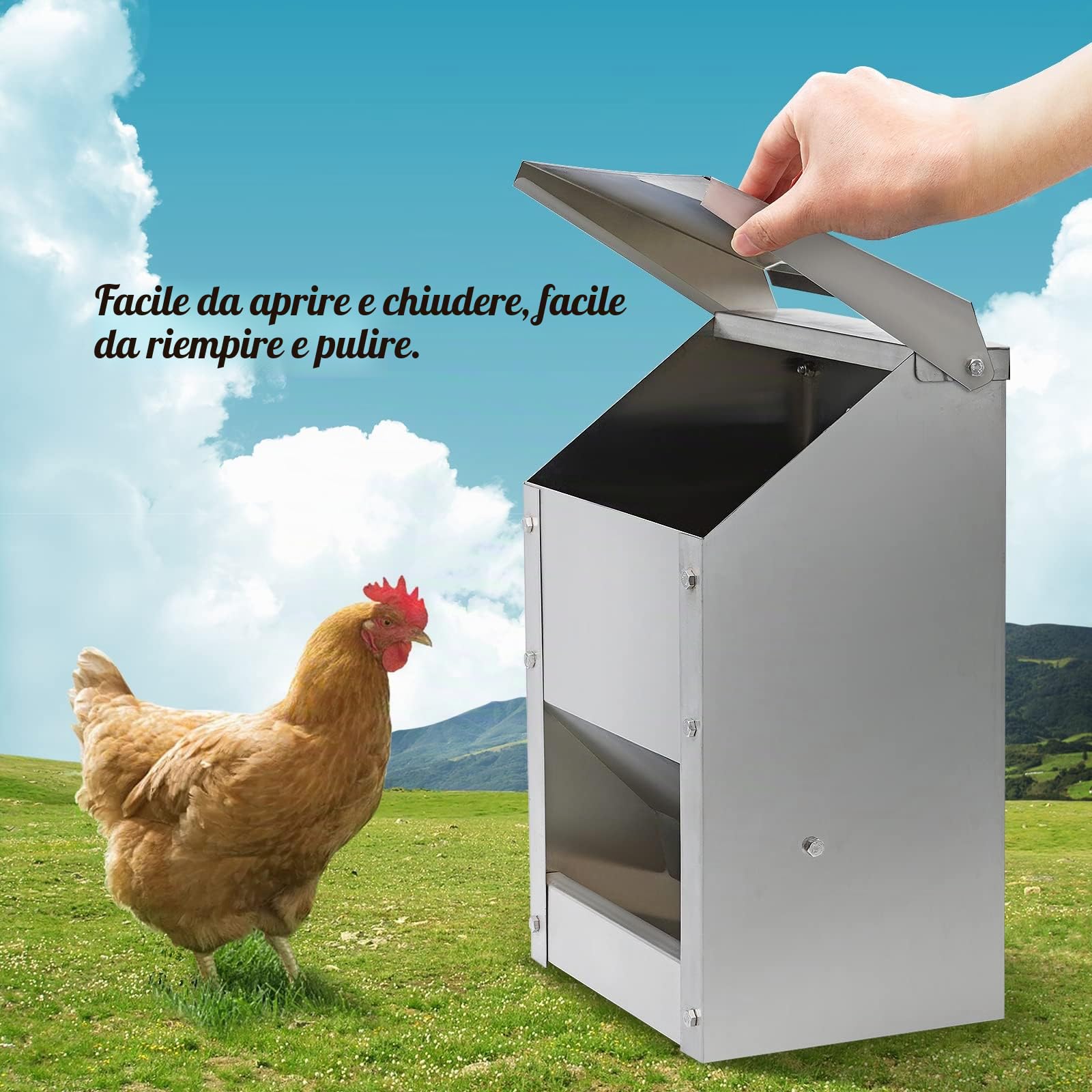 10L Alimentatore Per Polli In Acciaio Inox Senza Sprechi Alimentatore Automatico per Pollame con Coperchio Alimentatore da Parete Resistente Alle Intemperie Mangiatoia per Polli