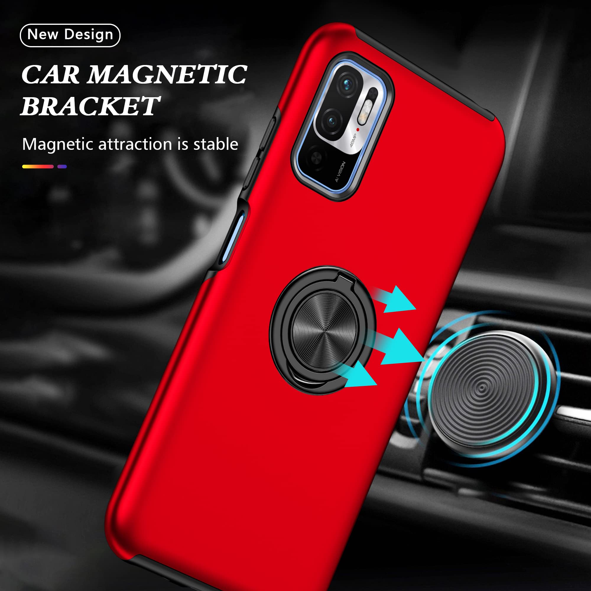 SORAKA Case for Xiaomi Redmi Note 10 5G with Invisible Ring Holder and Metal Plate for Magnetic Car Mount Rigid PC Cover Xiaomi POCO M3 Pro 5G Case Military Grade Rugged Case
