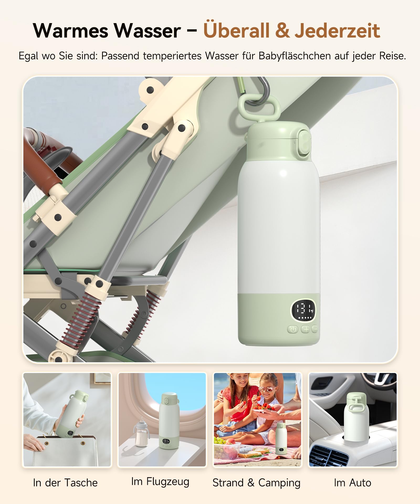Flaschenwärmer Baby unterwegs Kabellos, Schneller Erwärmer 500 ml | Präzise Temperaturregelung, 316 Edelstahl, 14800mAh Akku, USB-C, Trockengehschutz, Auslaufsicher, unterwegs & Auto