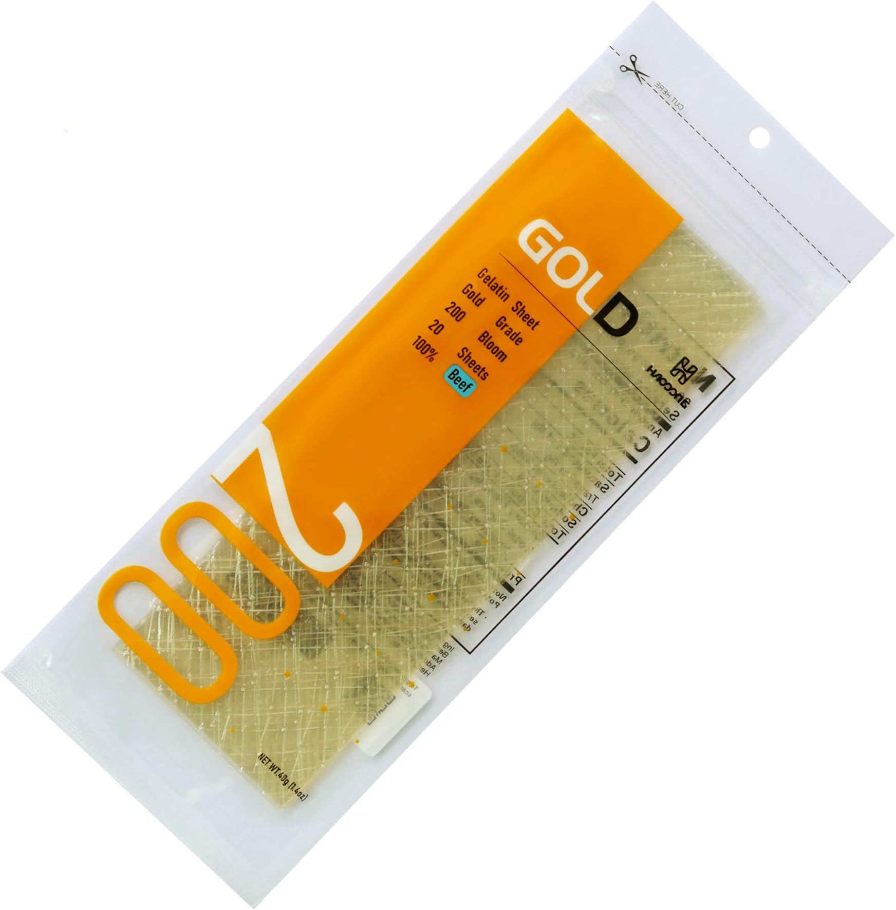 Haodong Beef Gelatin Sheets, 20 Sheets Gold Leaf Gelatine, 200 Bloom Gelatin Leaves for Baking (40g/1.42oz)